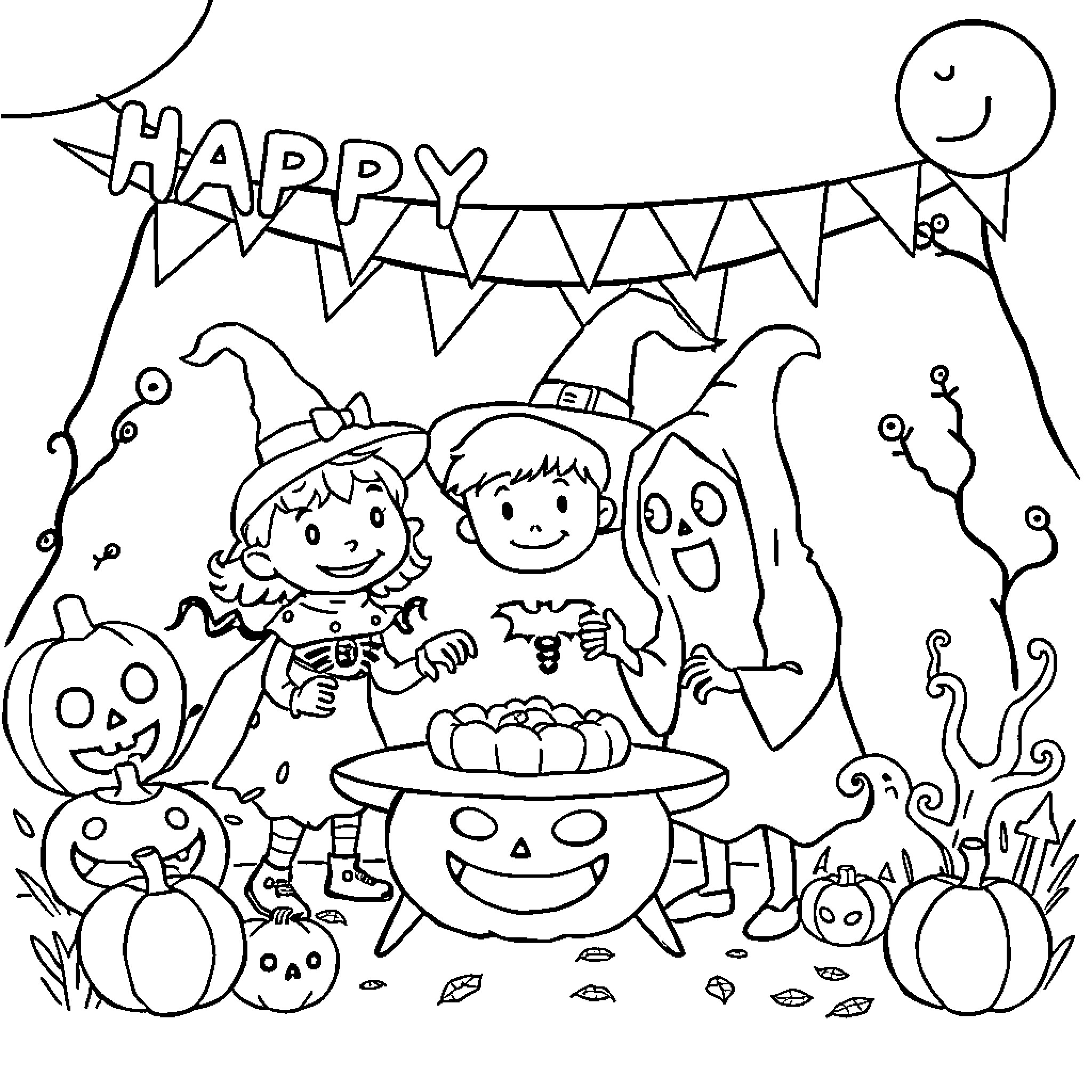 Halloween children in costume celebrating Coloring Page (free black-and-white line drawing printable PDF for all, from beginners to advanced learners, including children, teens, adults, and seniors)