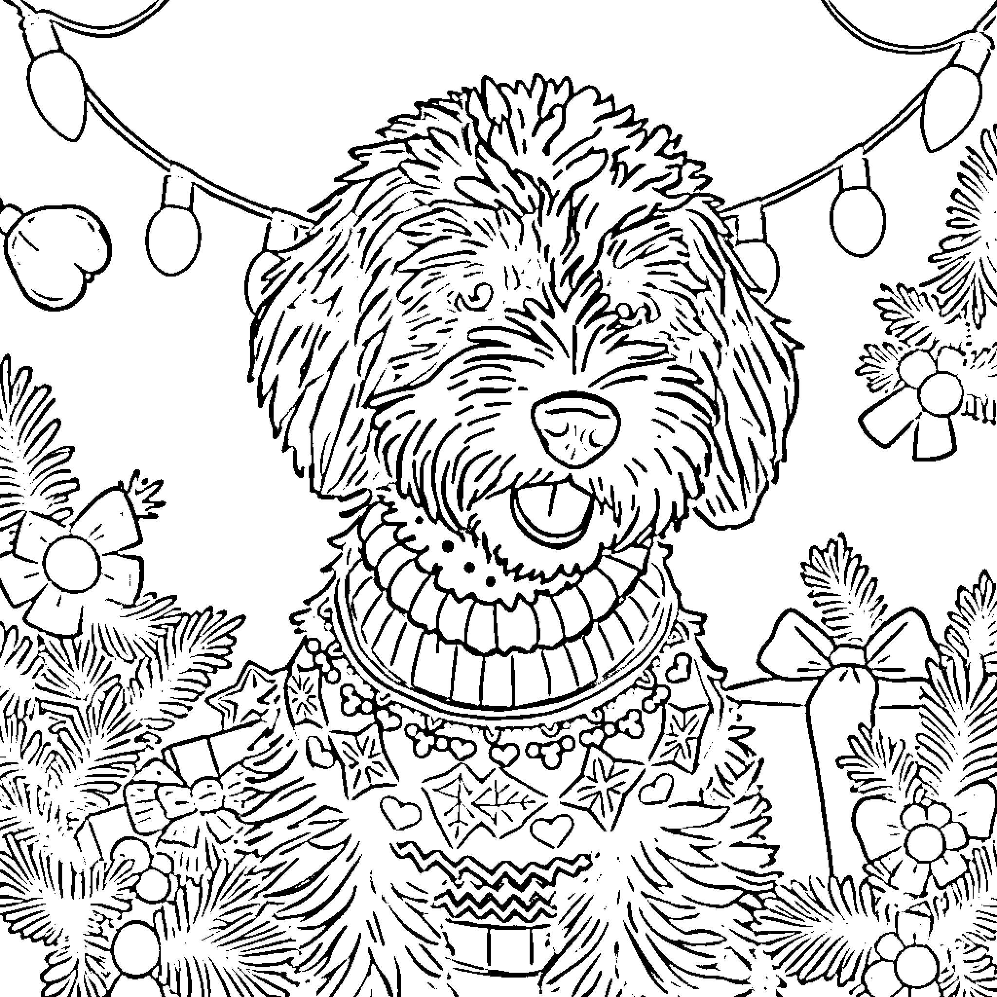 Bernedoodle enjoying holiday decorations and flowers Coloring Page (free black-and-white line drawing printable PDF for all, from beginners to advanced learners, including children, teens, adults, and seniors)