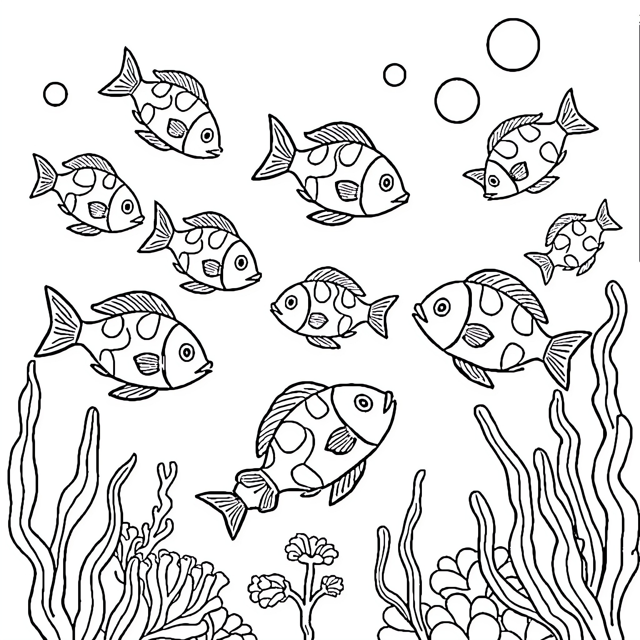 Fish swimming among seaweed and coral in the ocean Coloring Page (free black-and-white line drawing printable PDF for all, from beginners to advanced learners, including children, teens, adults, and seniors)