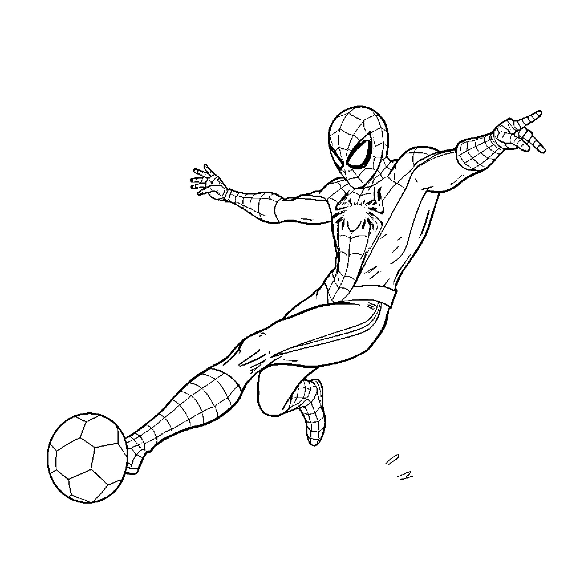 Spiderman kicking a soccer ball Coloring Page (free black-and-white line drawing printable PDF for all, from beginners to advanced learners, including children, teens, adults, and seniors)