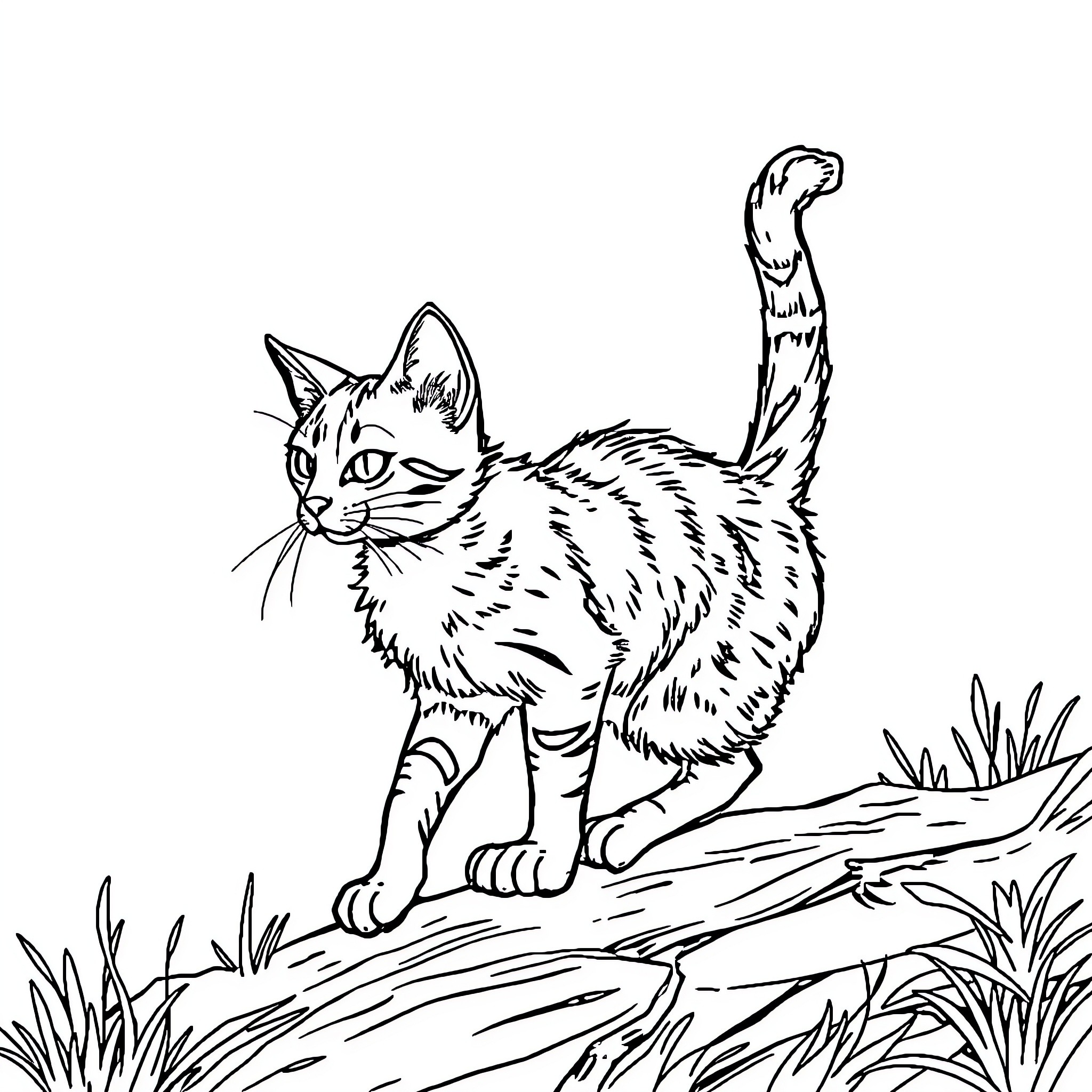 Cat exploring the outdoors on a rock Coloring Page (free black-and-white line drawing printable PDF for all, from beginners to advanced learners, including children, teens, adults, and seniors)