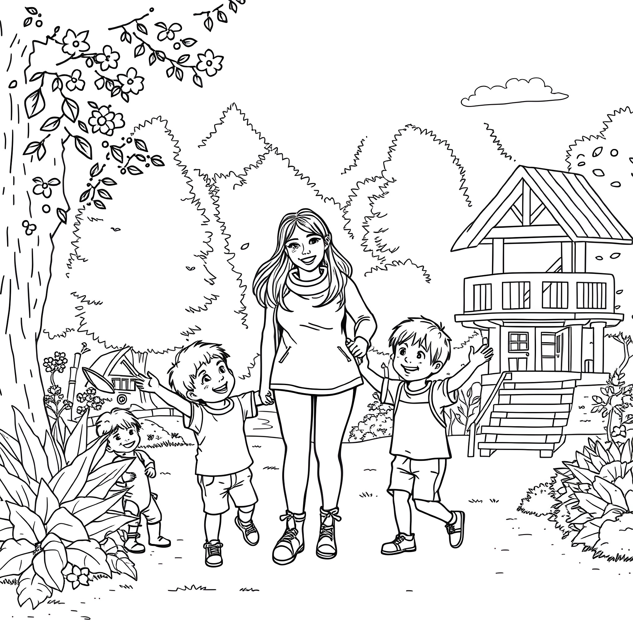 Mummy Taking Children for a Stroll in Nature Coloring Page (free black-and-white line drawing printable PDF for all, from beginners to advanced learners, including children, teens, adults, and seniors)