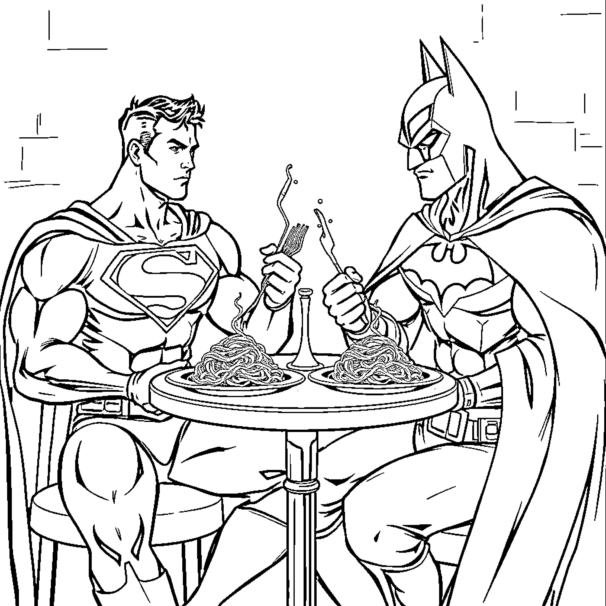 Superman and Batman Enjoying a Meal Together Coloring Page (free black-and-white line drawing printable PDF for all, from beginners to advanced learners, including children, teens, adults, and seniors)