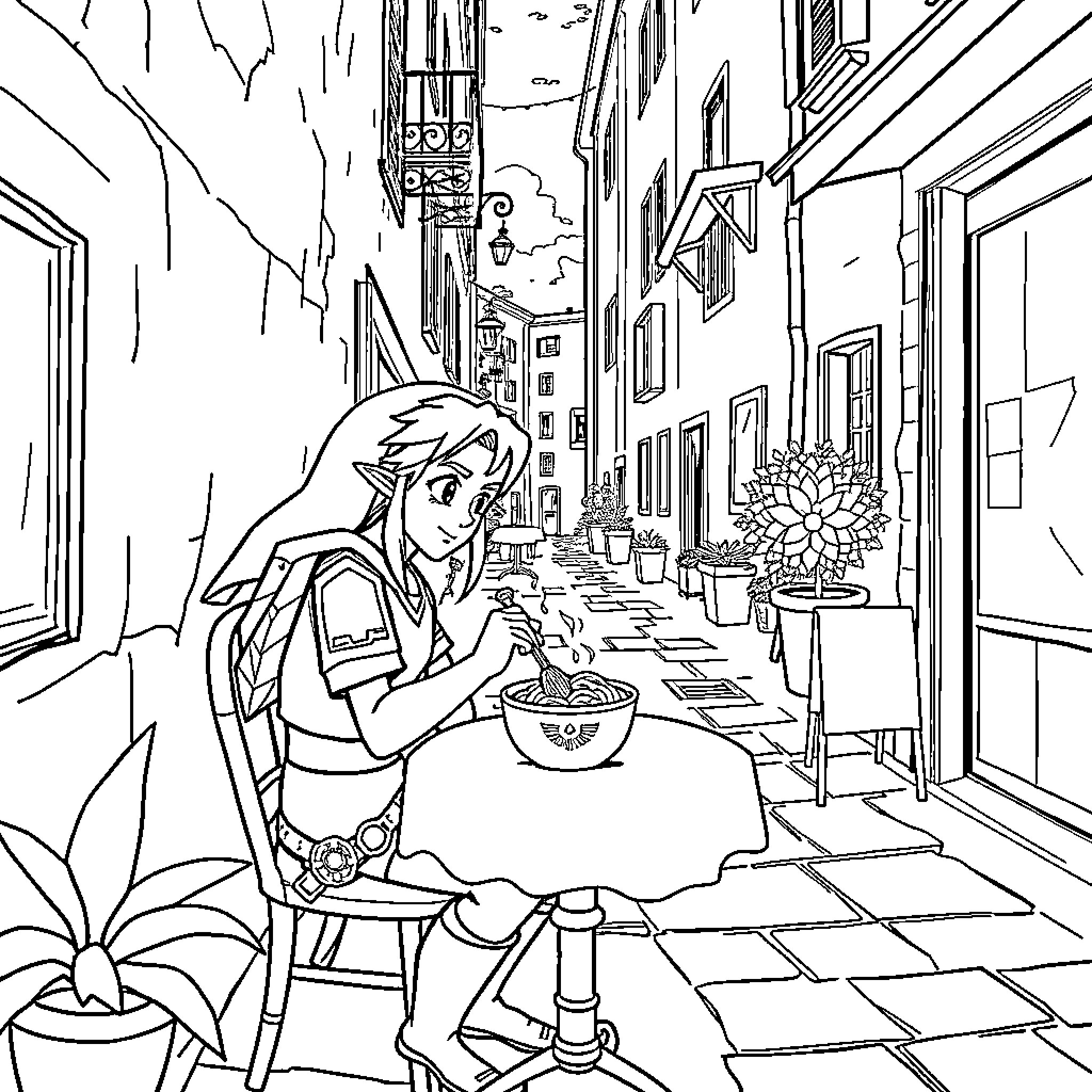 Link Enjoying a Meal in an Alley Coloring Page (free black-and-white line drawing printable PDF for all, from beginners to advanced learners, including children, teens, adults, and seniors)