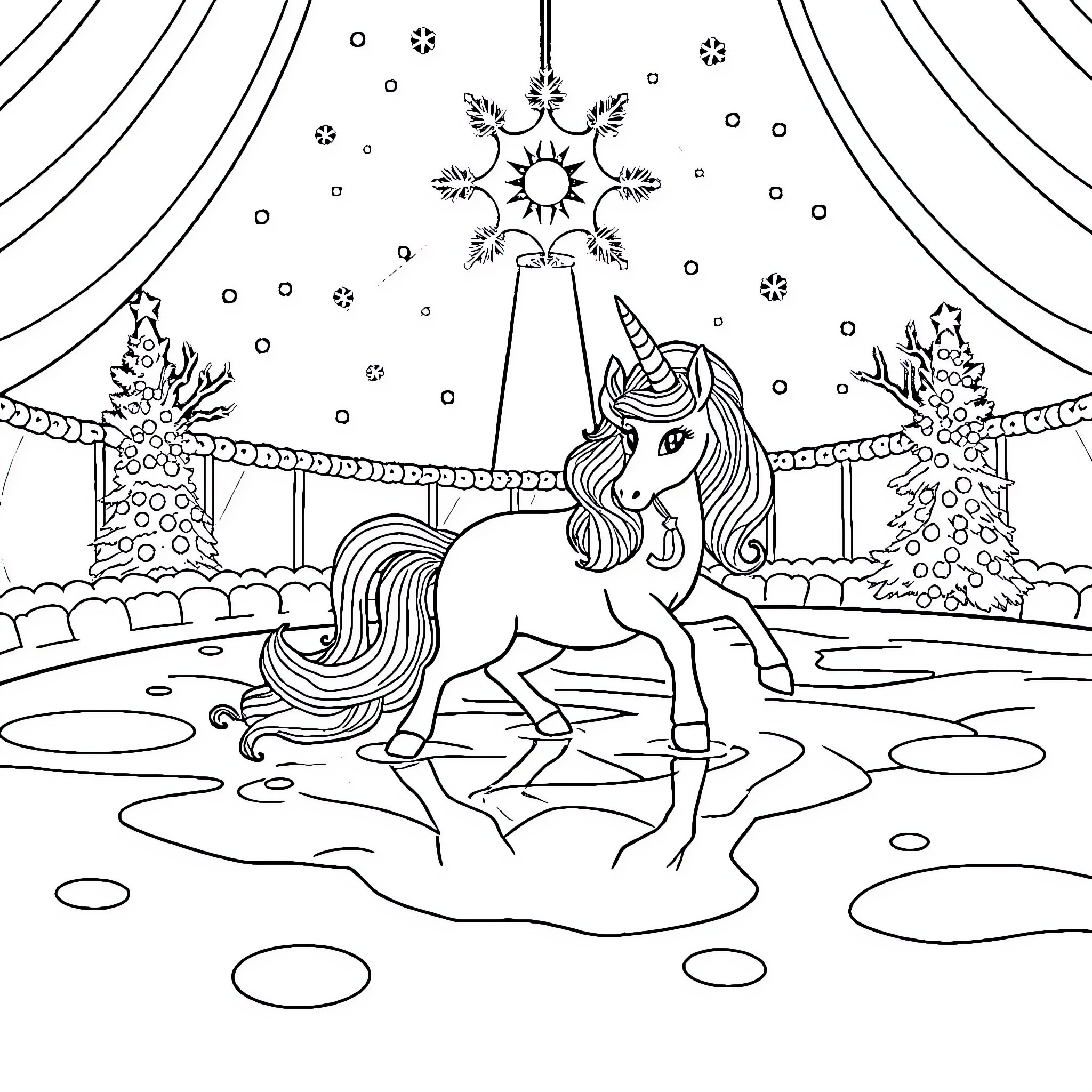 Unicorn prancing gracefully in a winter wonderland Coloring Page (free black-and-white line drawing printable PDF for all, from beginners to advanced learners, including children, teens, adults, and seniors)