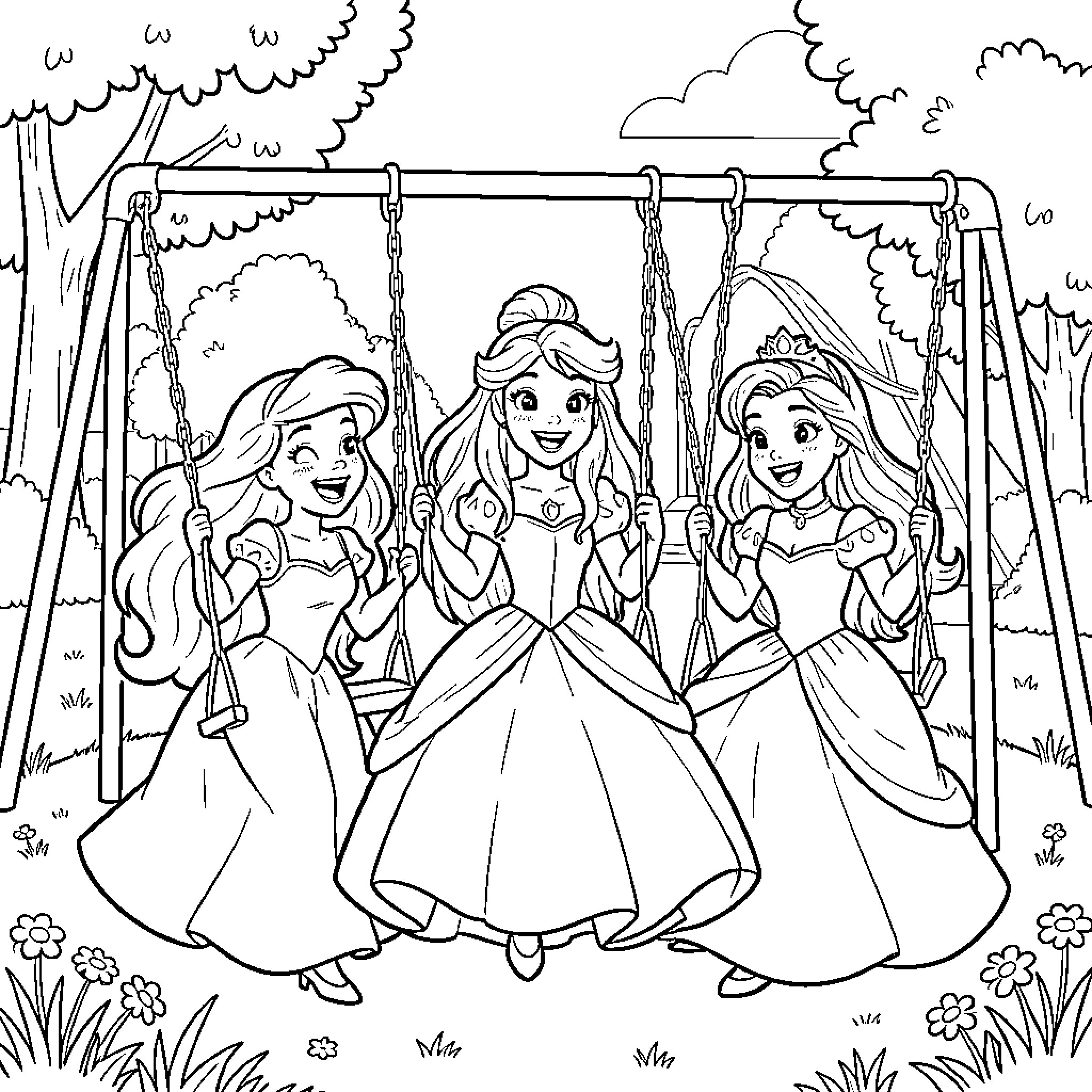 Disney Princesses smiling while playing on a swing set Coloring Page (free black-and-white line drawing printable PDF for all, from beginners to advanced learners, including children, teens, adults, and seniors)