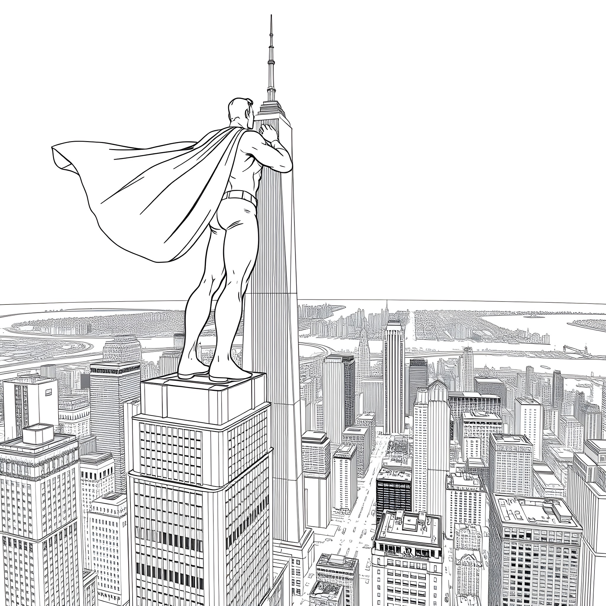 Superman soaring over the city skyline Coloring Page (free black-and-white line drawing printable PDF for all, from beginners to advanced learners, including children, teens, adults, and seniors)