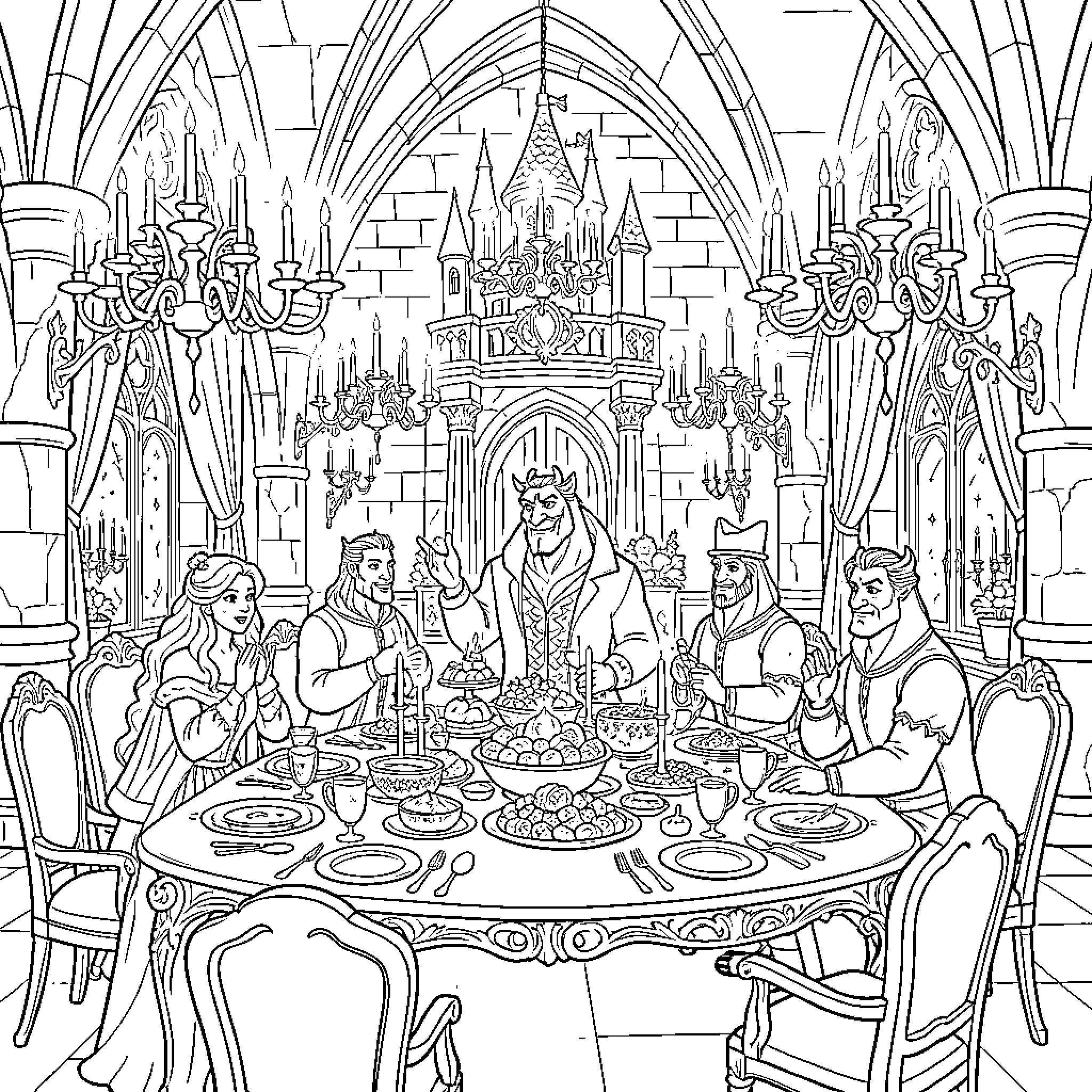 Beauty And The Beast Sharing A Lavish Feast In A Magnificent Castle Coloring Page (free black-and-white line drawing printable PDF for all, from beginners to advanced learners, including children, teens, adults, and seniors)
