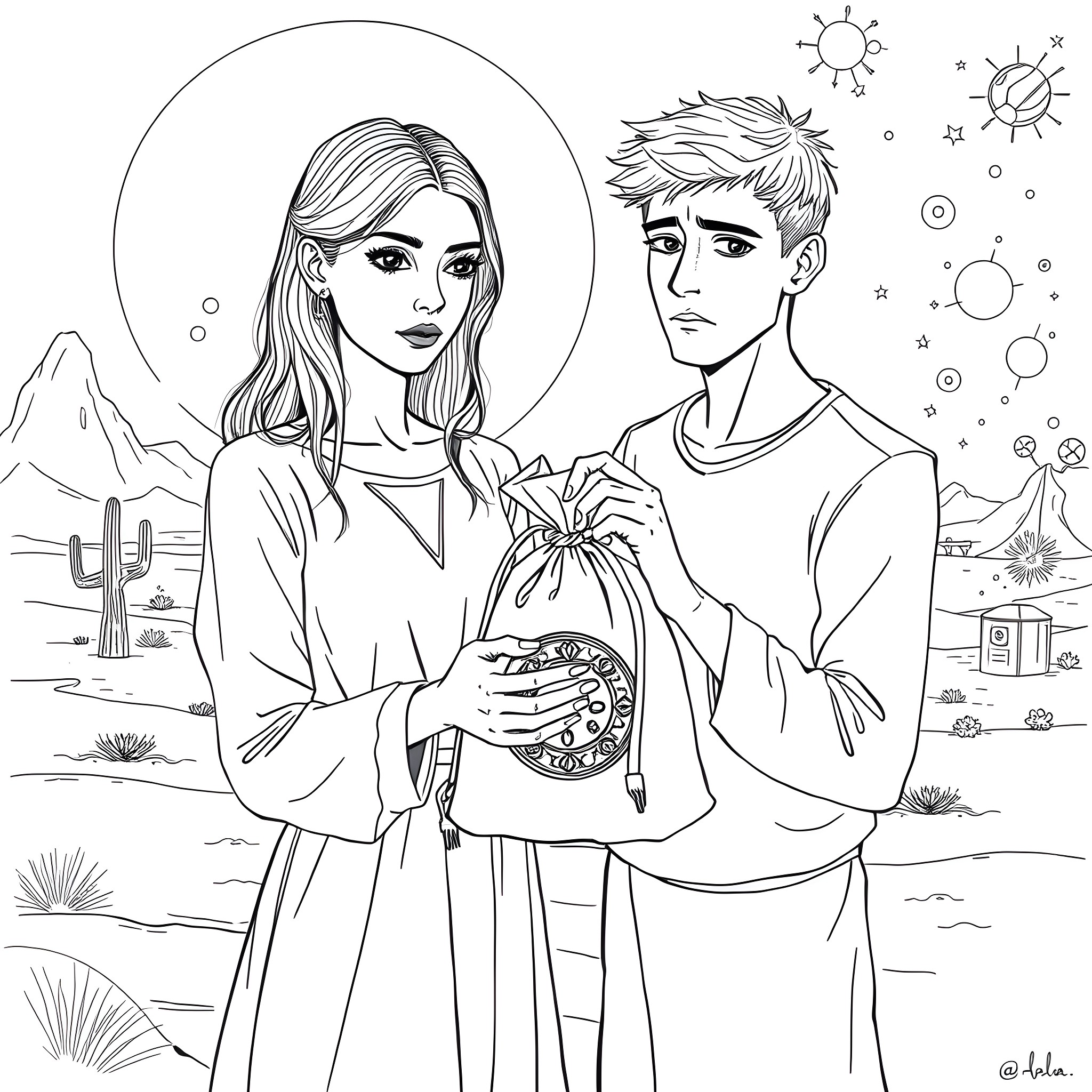 Woman and man in desert landscape Coloring Page (free black-and-white line drawing printable PDF for all, from beginners to advanced learners, including children, teens, adults, and seniors)