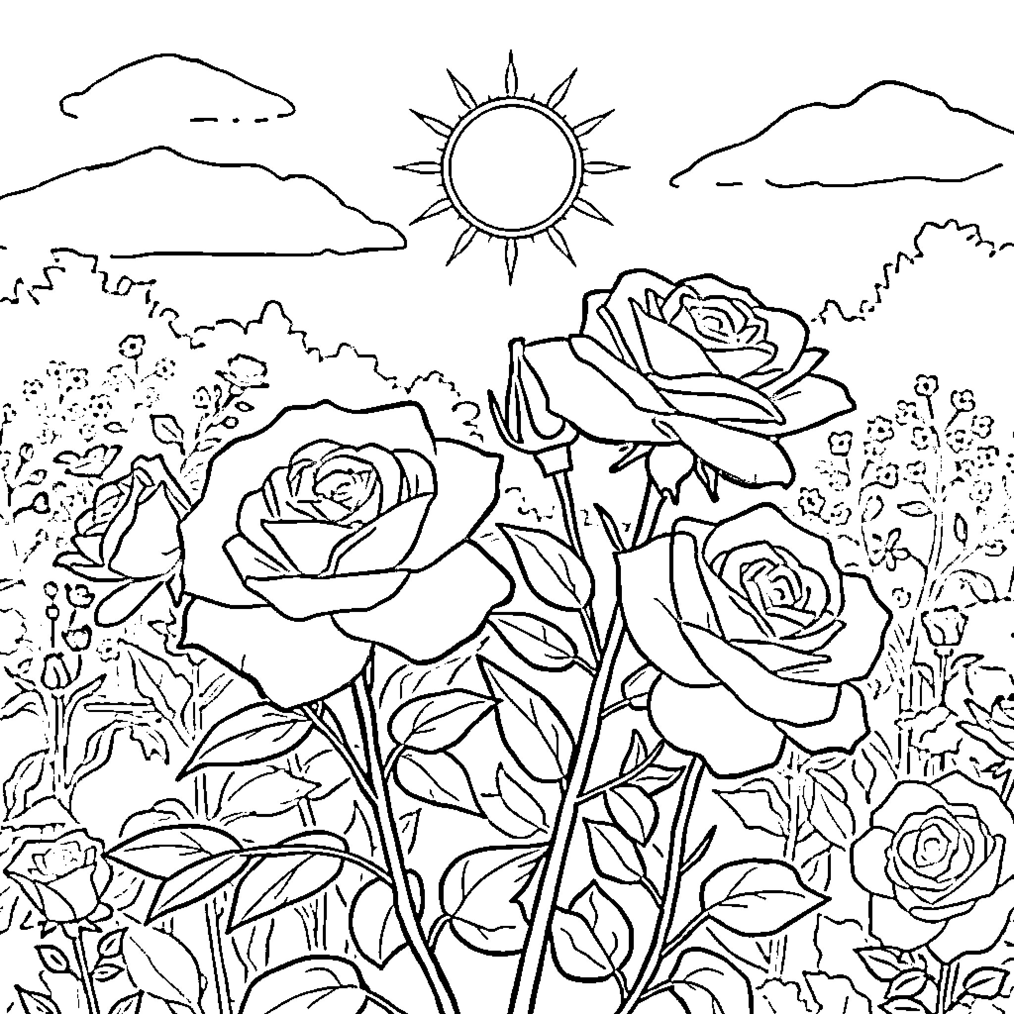 Rose Garden in Bloom under Sunny Skies Coloring Page (free black-and-white line drawing printable PDF for all, from beginners to advanced learners, including children, teens, adults, and seniors)