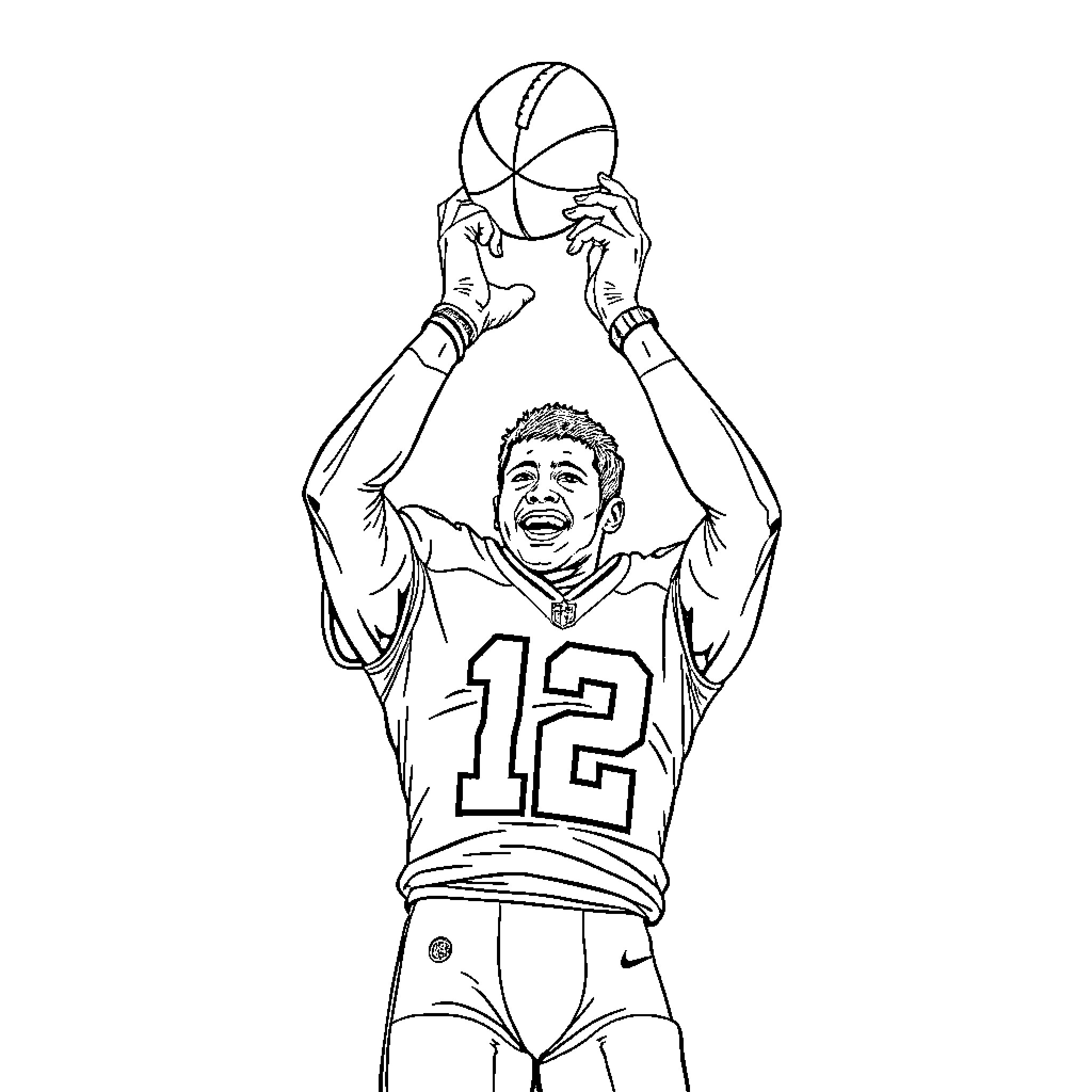 Lamar Jackson celebrating with raised basketball Coloring Page (free black-and-white line drawing printable PDF for all, from beginners to advanced learners, including children, teens, adults, and seniors)