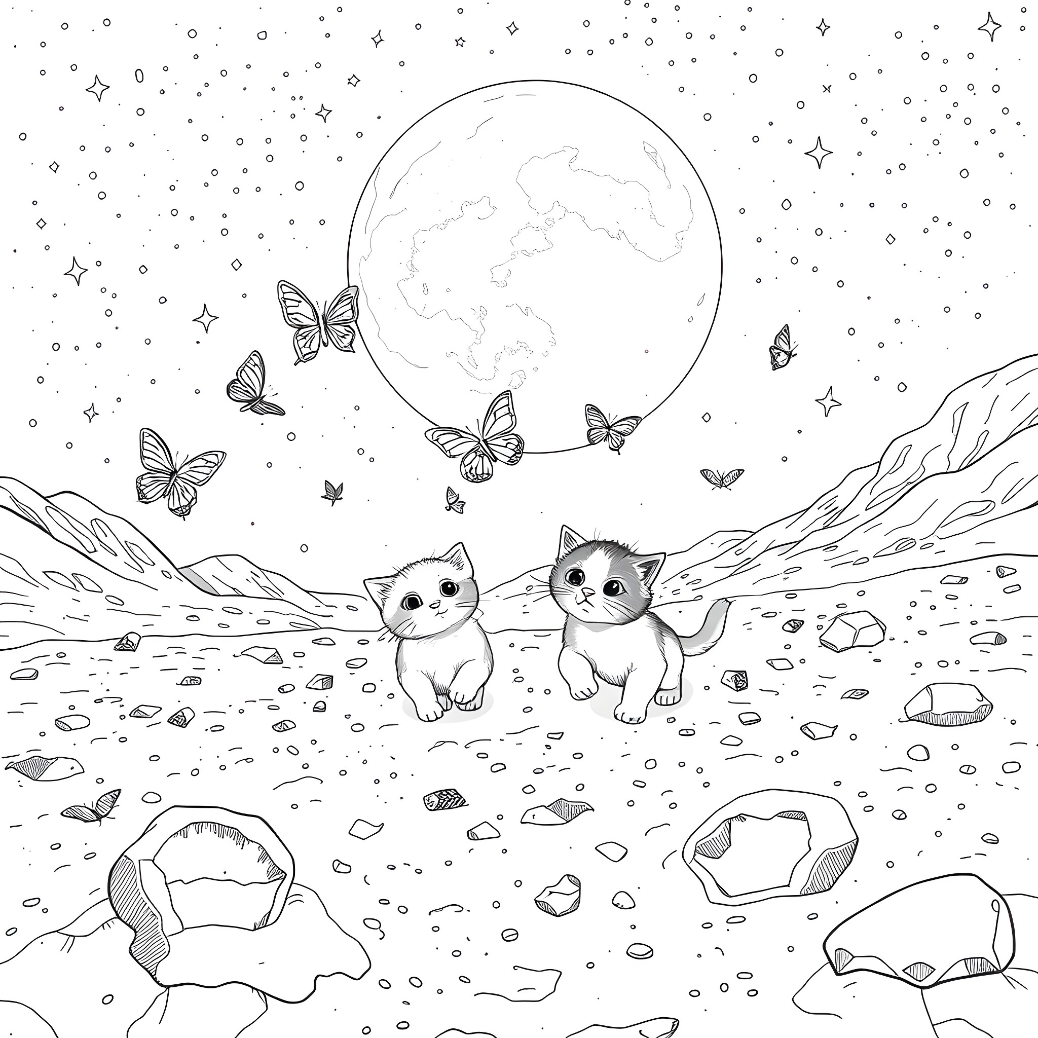 Butterfly Kittens Exploring the Moonlit Landscape Coloring Page (free black-and-white line drawing printable PDF for all, from beginners to advanced learners, including children, teens, adults, and seniors)