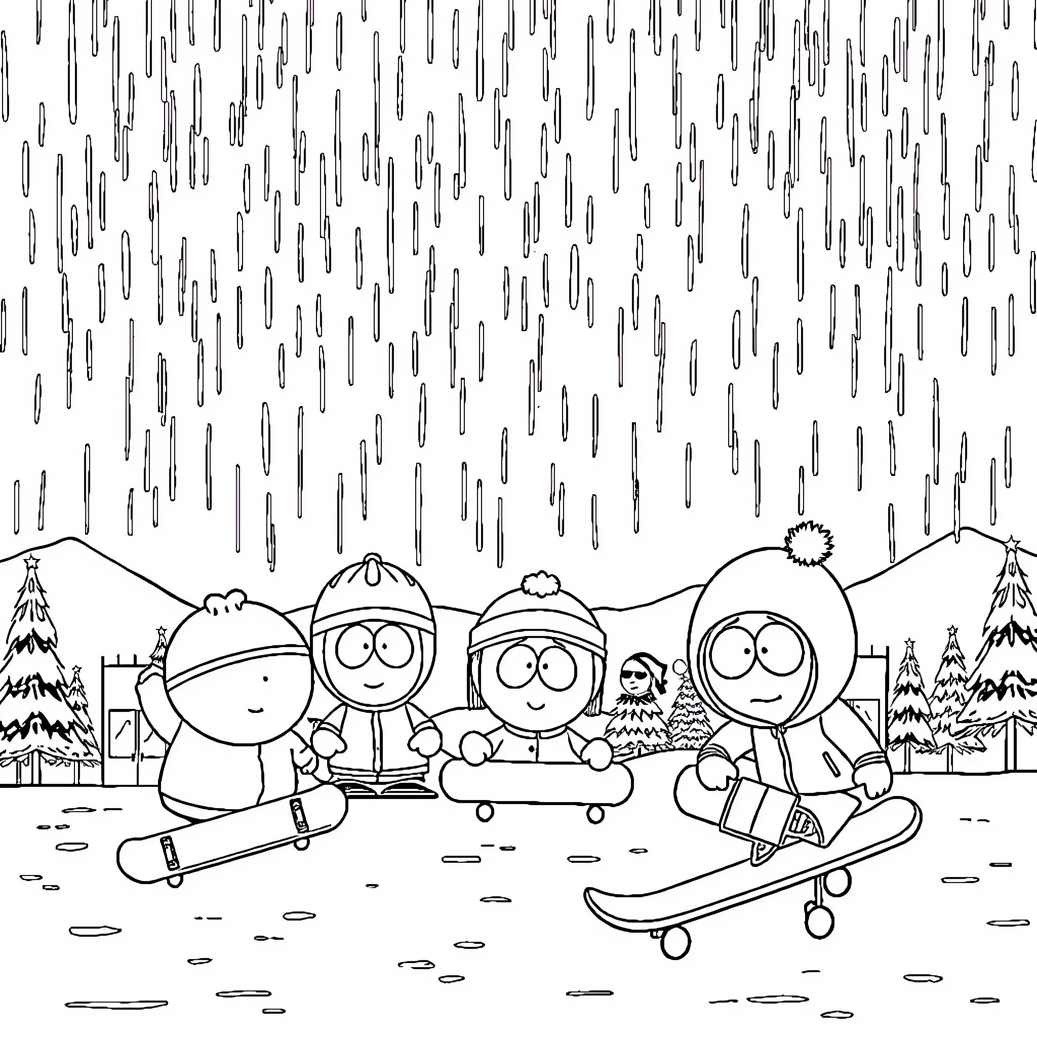South Park kids playing in the rain Coloring Page (free black-and-white line drawing printable PDF for all, from beginners to advanced learners, including children, teens, adults, and seniors)
