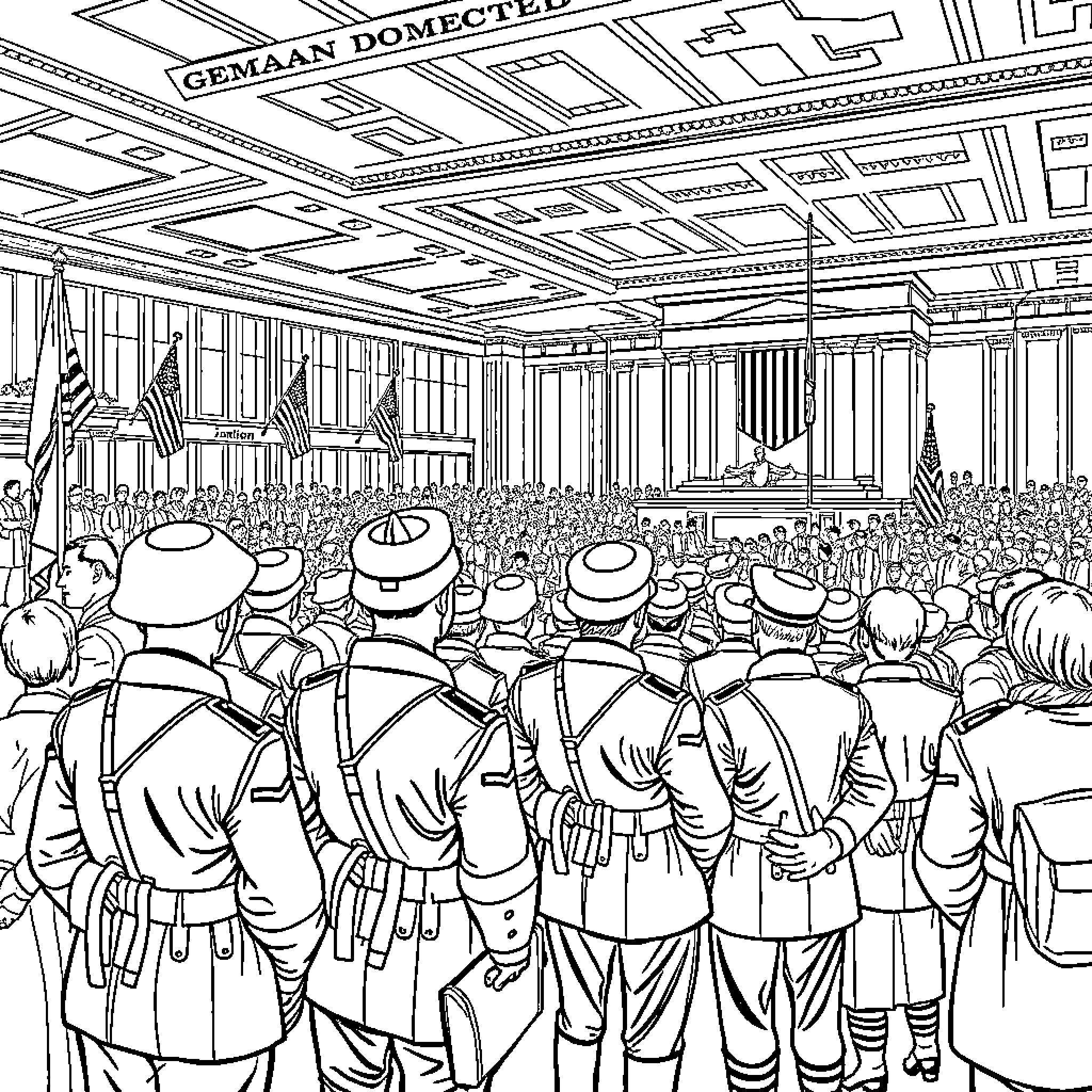 Troop of soldiers attending military ceremony Coloring Page (free black-and-white line drawing printable PDF for all, from beginners to advanced learners, including children, teens, adults, and seniors)