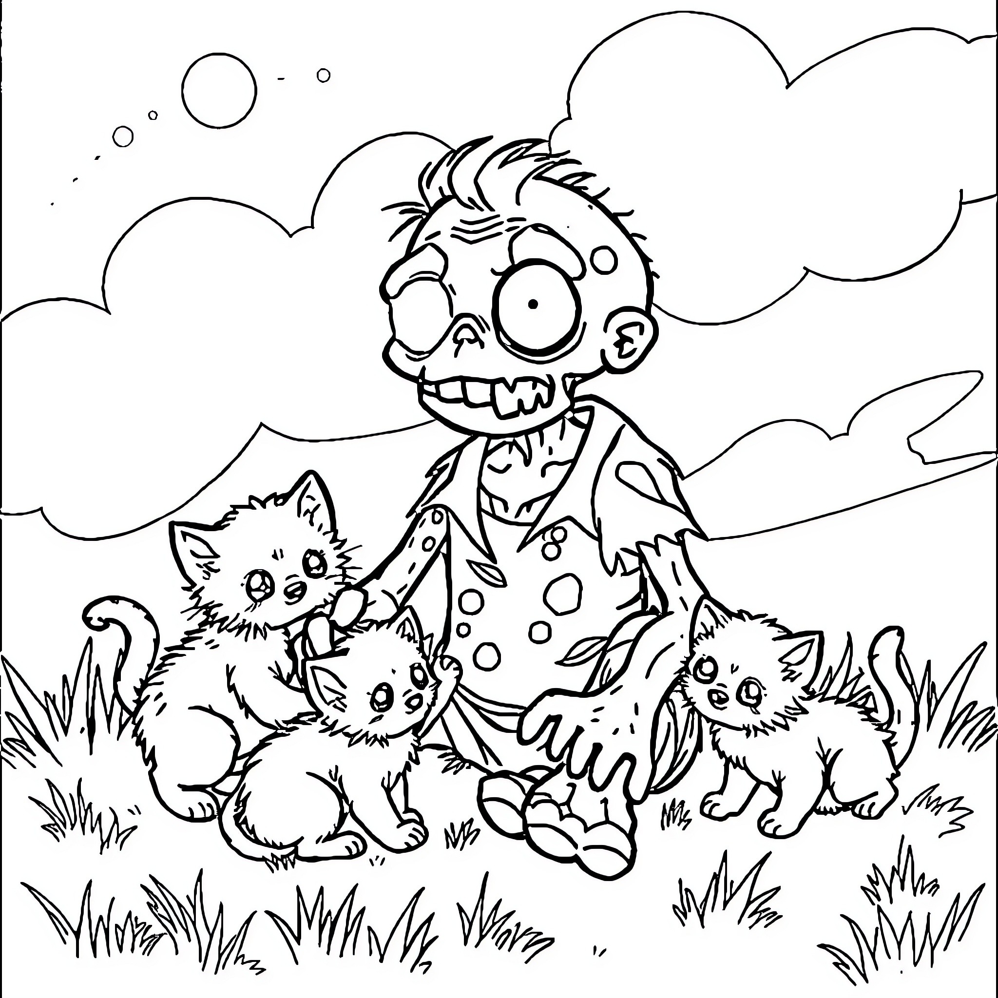 Zombie encounters playful kittens in the meadow Coloring Page (free black-and-white line drawing printable PDF for all, from beginners to advanced learners, including children, teens, adults, and seniors)