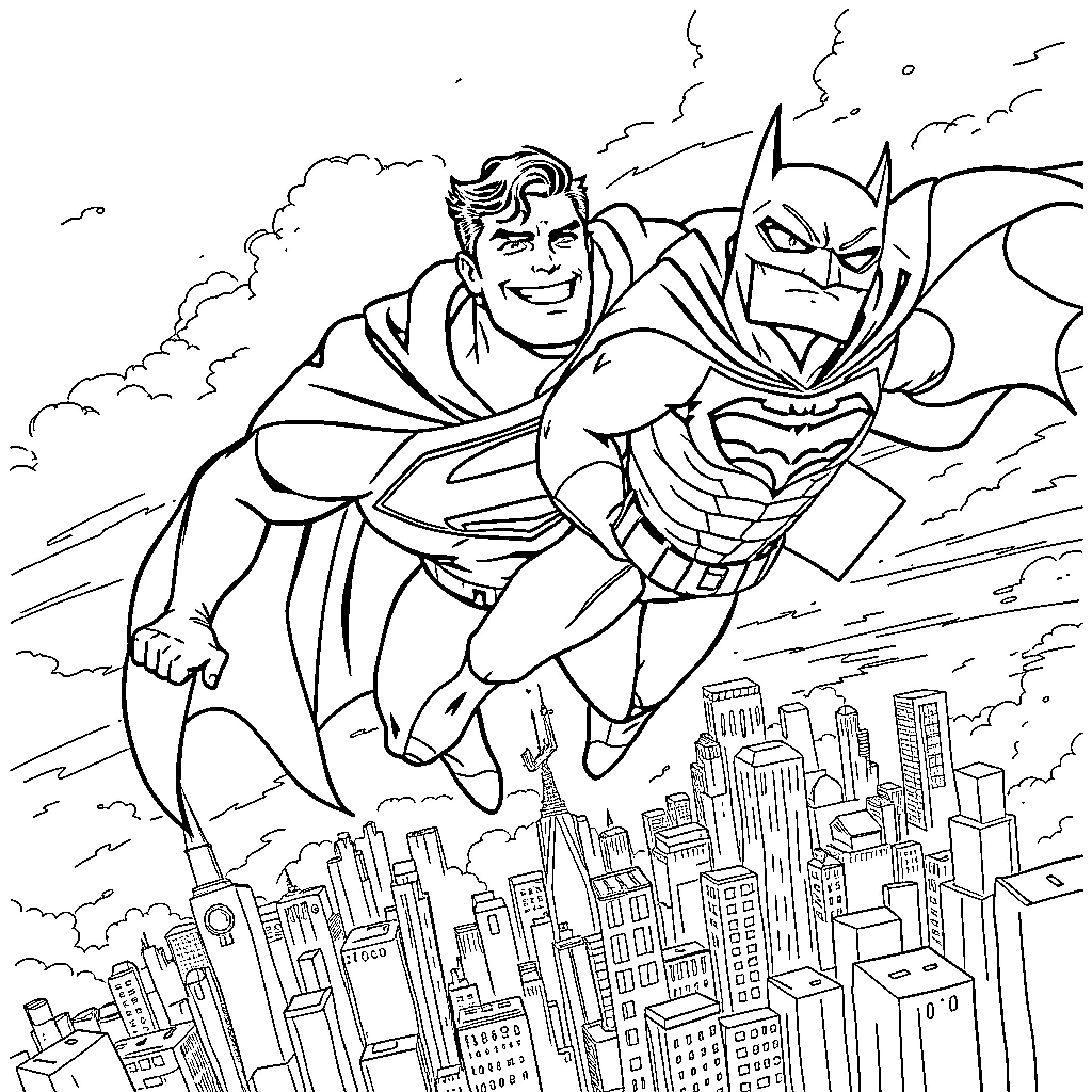 Superman and Batman soaring over the city Coloring Page (free black-and-white line drawing printable PDF for all, from beginners to advanced learners, including children, teens, adults, and seniors)