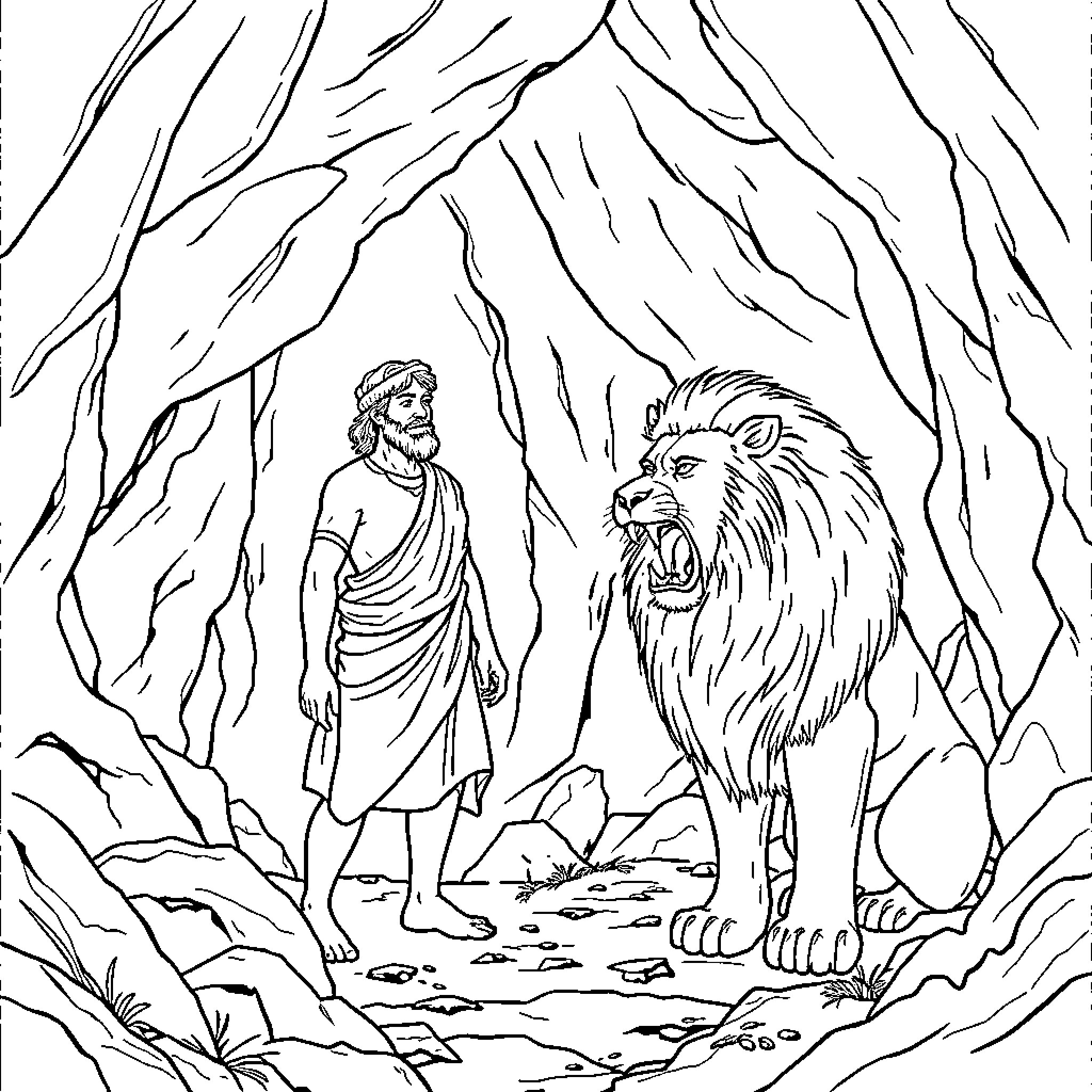 David's Encounter with the Fearsome Lion Coloring Page (free black-and-white line drawing printable PDF for all, from beginners to advanced learners, including children, teens, adults, and seniors)