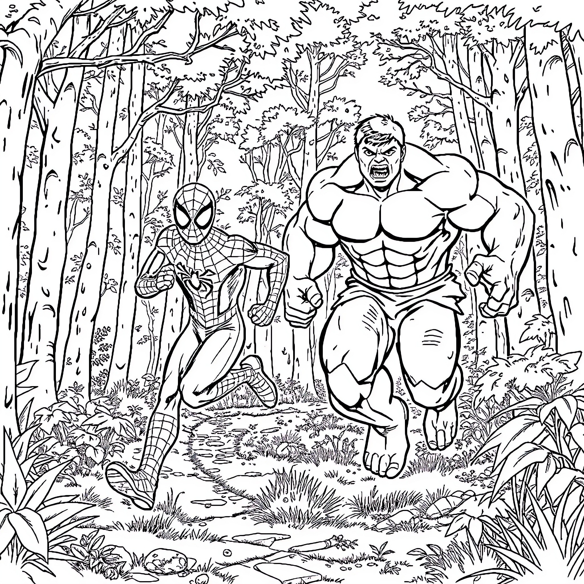 Spiderman and Hulk adventuring through the forest Coloring Page (free black-and-white line drawing printable PDF for all, from beginners to advanced learners, including children, teens, adults, and seniors)