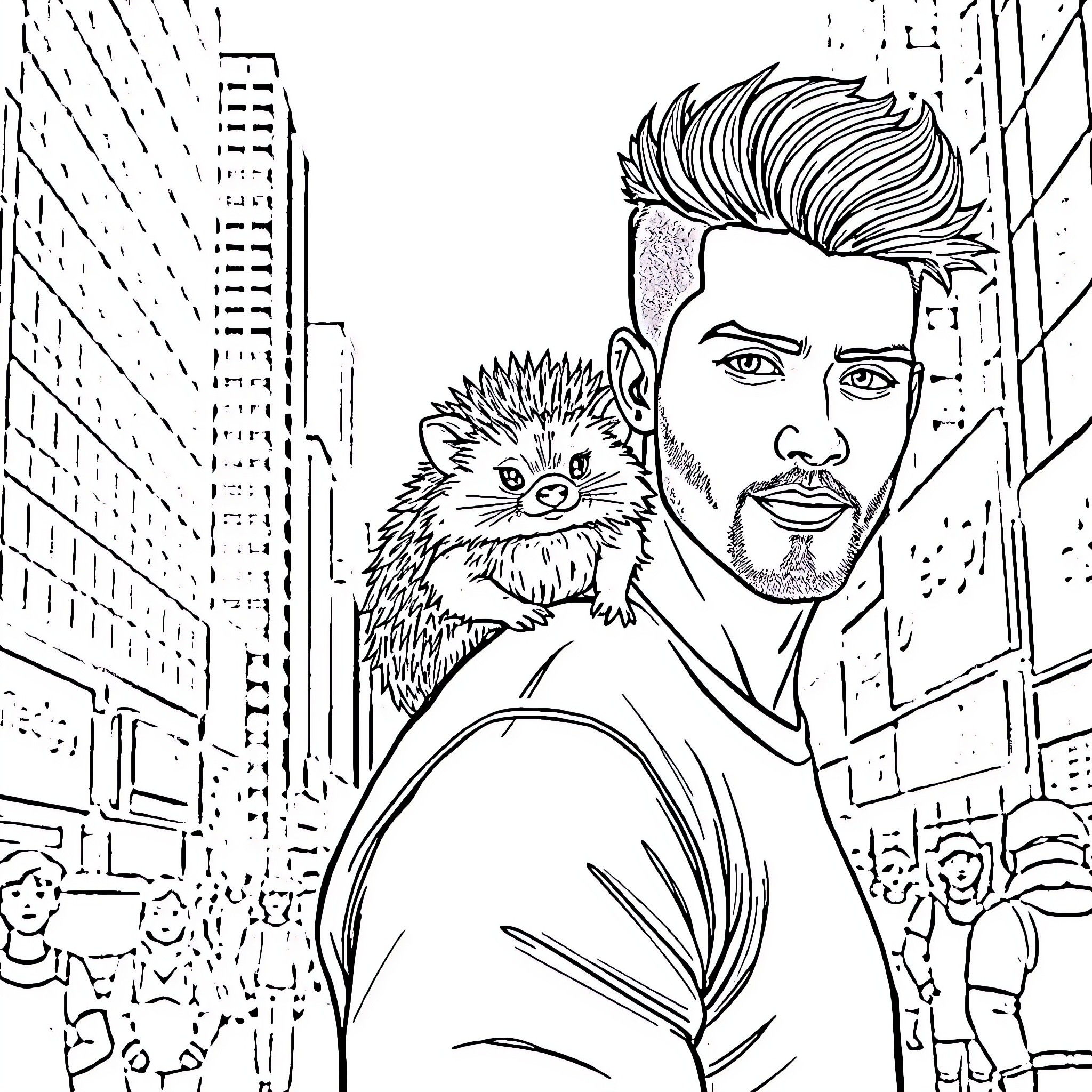 Hedgehog riding on a man's shoulder in the city Coloring Page (free black-and-white line drawing printable PDF for all, from beginners to advanced learners, including children, teens, adults, and seniors)