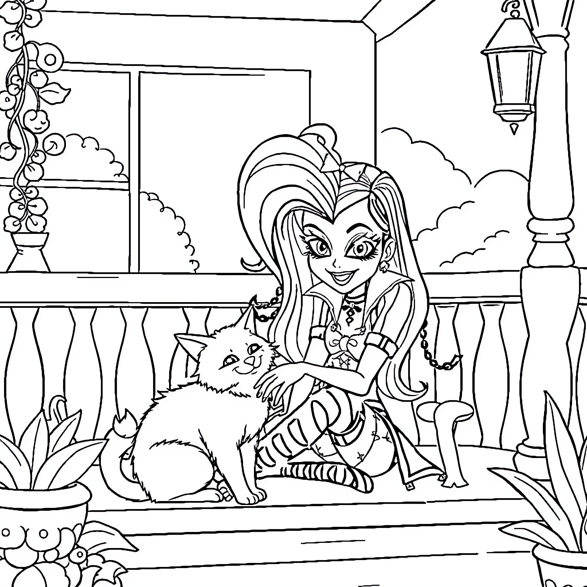 Draculaura interacting with a pet cat on a balcony Coloring Page (free black-and-white line drawing printable PDF for all, from beginners to advanced learners, including children, teens, adults, and seniors)