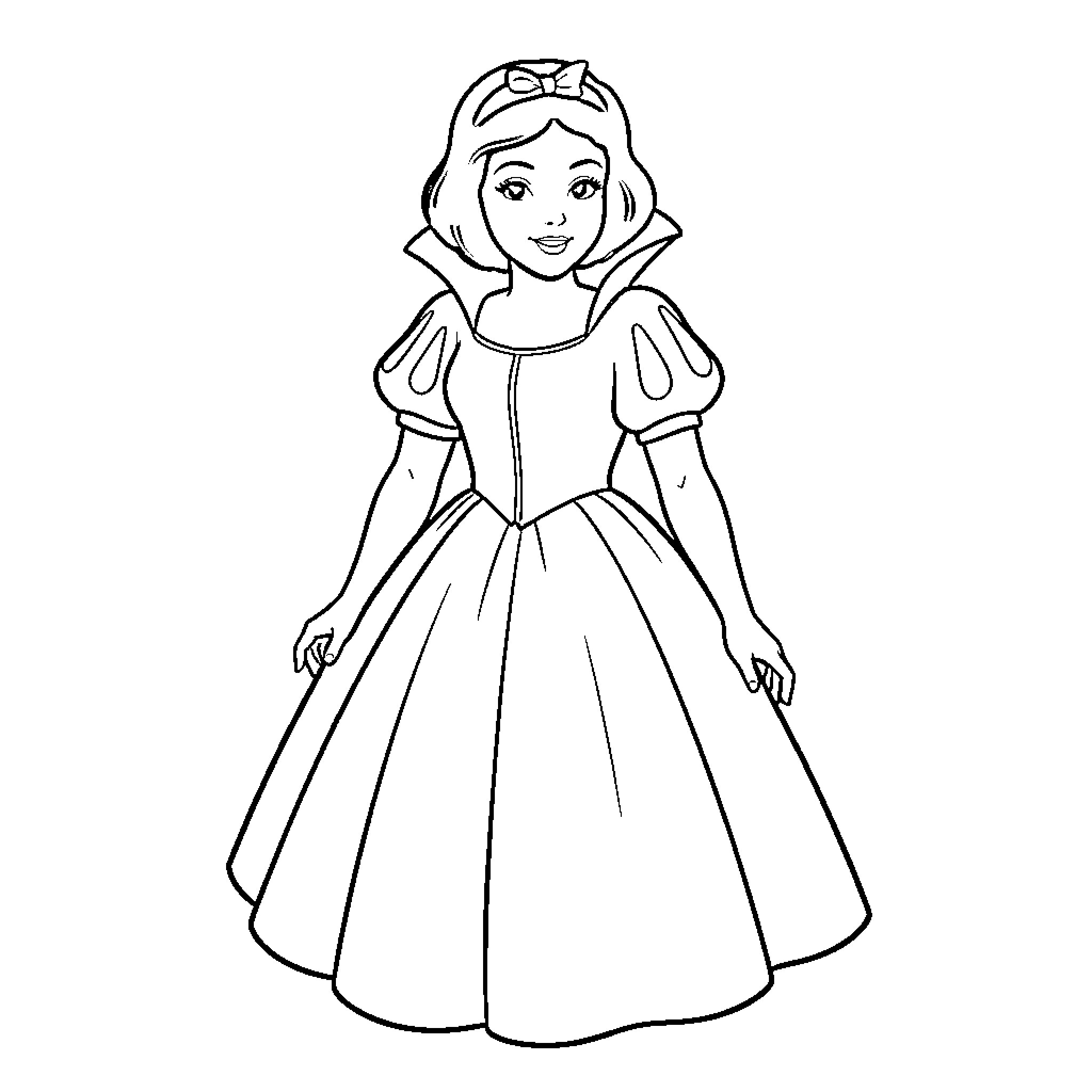 Snow White in a Puffed Sleeve Dress Coloring Page (free black-and-white line drawing printable PDF for all, from beginners to advanced learners, including children, teens, adults, and seniors)