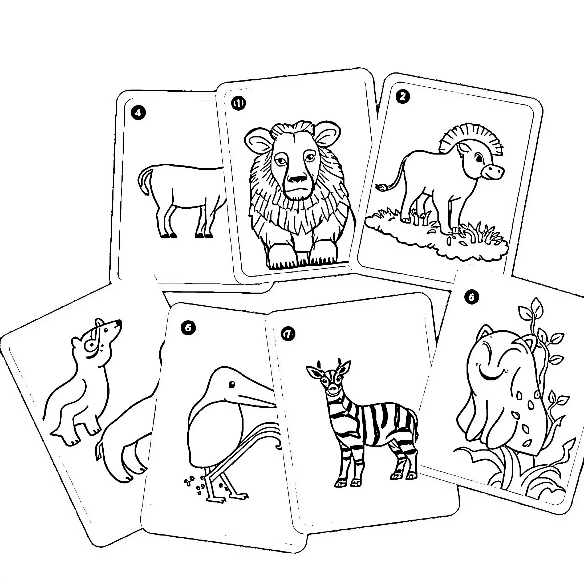 Animal illustrations on playing cards Coloring Page (free black-and-white line drawing printable PDF for all, from beginners to advanced learners, including children, teens, adults, and seniors)