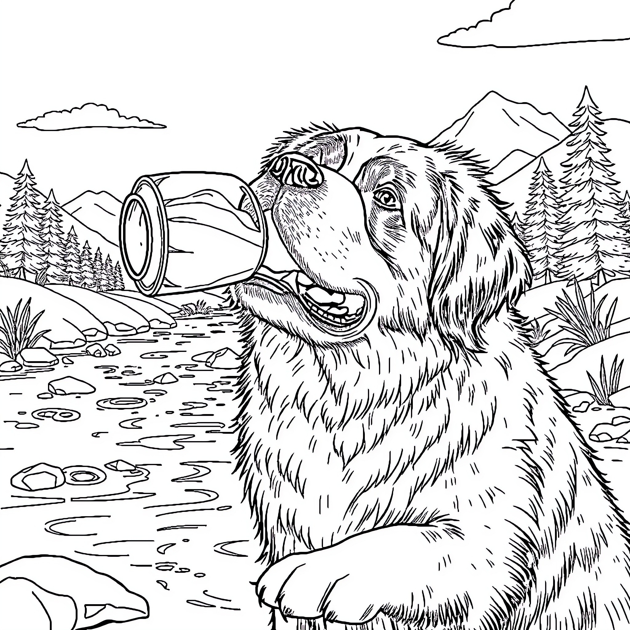 Saint Bernard playing with a bucket in the mountains Coloring Page (free black-and-white line drawing printable PDF for all, from beginners to advanced learners, including children, teens, adults, and seniors)