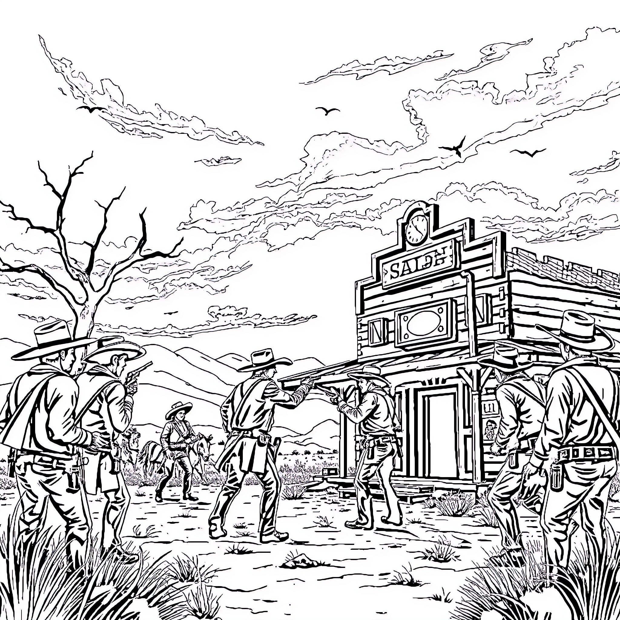 Cowboy Scene with Saloon in the Wild West Coloring Page (free black-and-white line drawing printable PDF for all, from beginners to advanced learners, including children, teens, adults, and seniors)