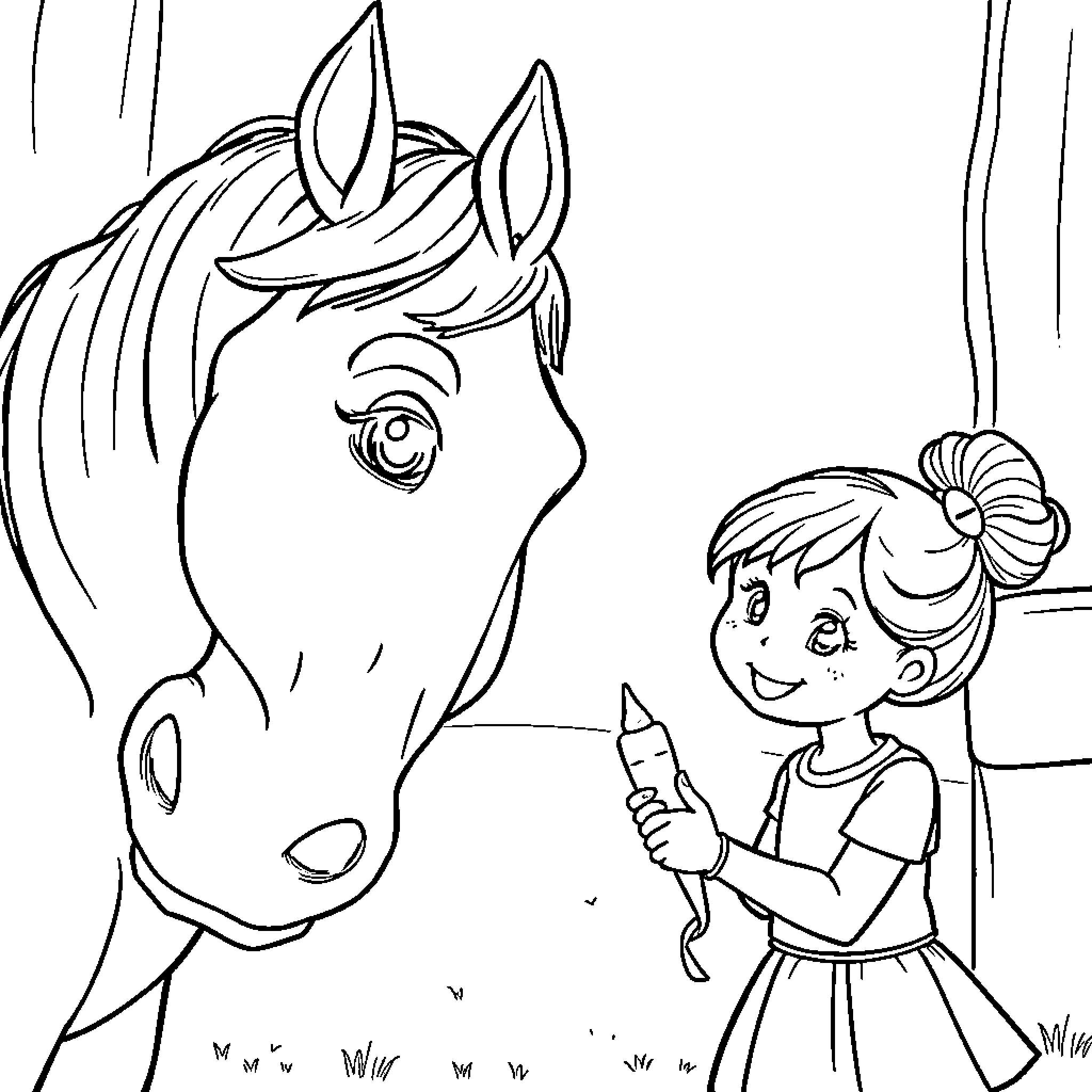 Horse and girl playing together in the field Coloring Page (free black-and-white line drawing printable PDF for all, from beginners to advanced learners, including children, teens, adults, and seniors)