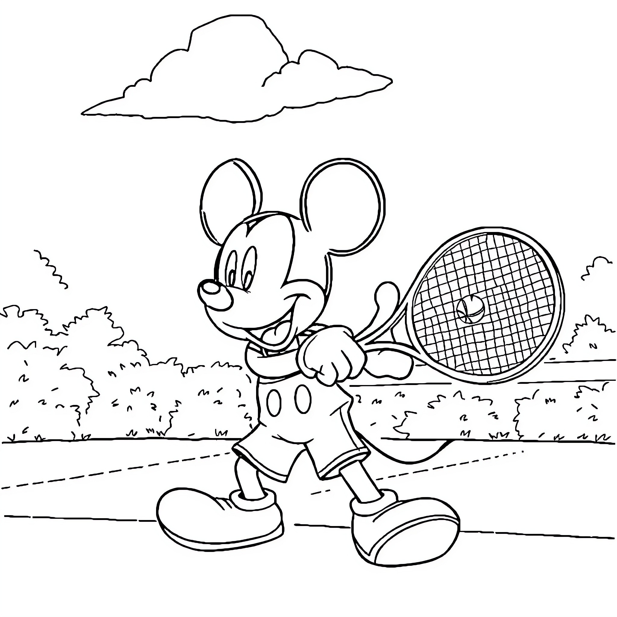 Mickey playing tennis on the court Coloring Page (free black-and-white line drawing printable PDF for all, from beginners to advanced learners, including children, teens, adults, and seniors)