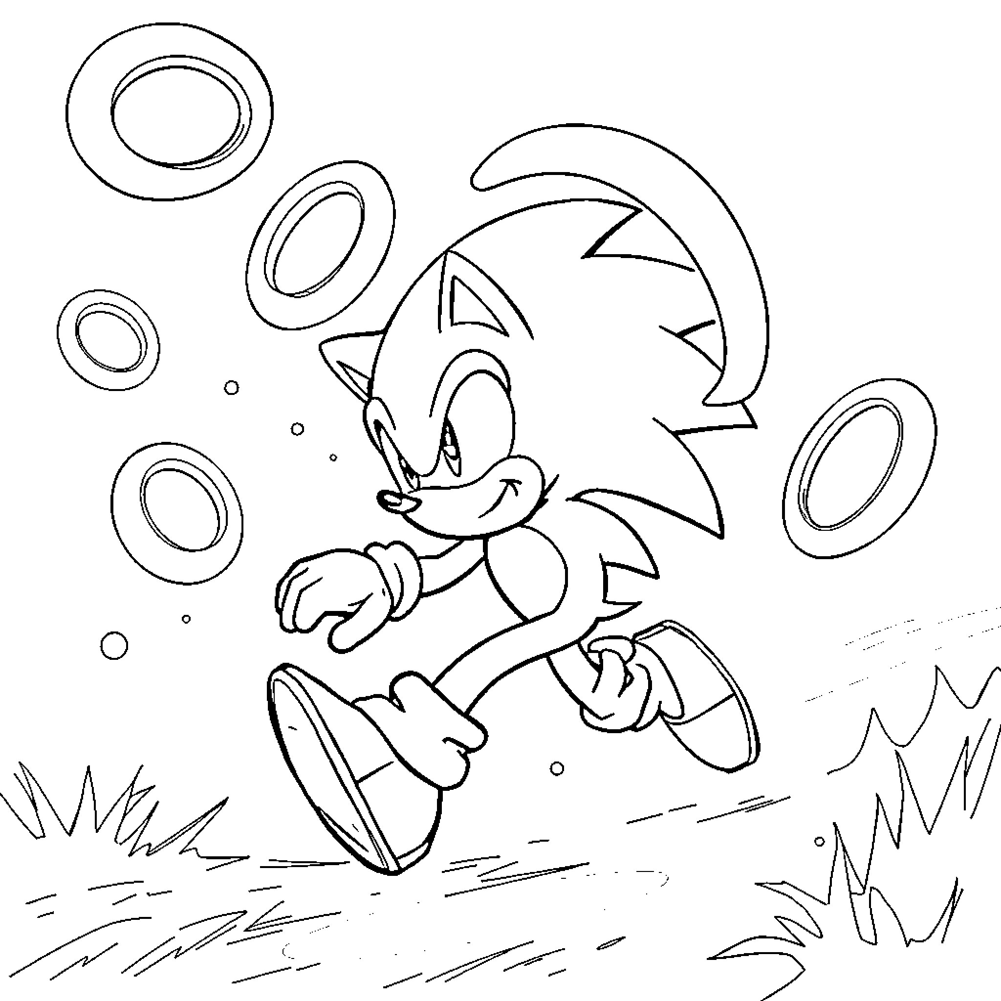 Sonic running and jumping through rings Coloring Page (free black-and-white line drawing printable PDF for all, from beginners to advanced learners, including children, teens, adults, and seniors)