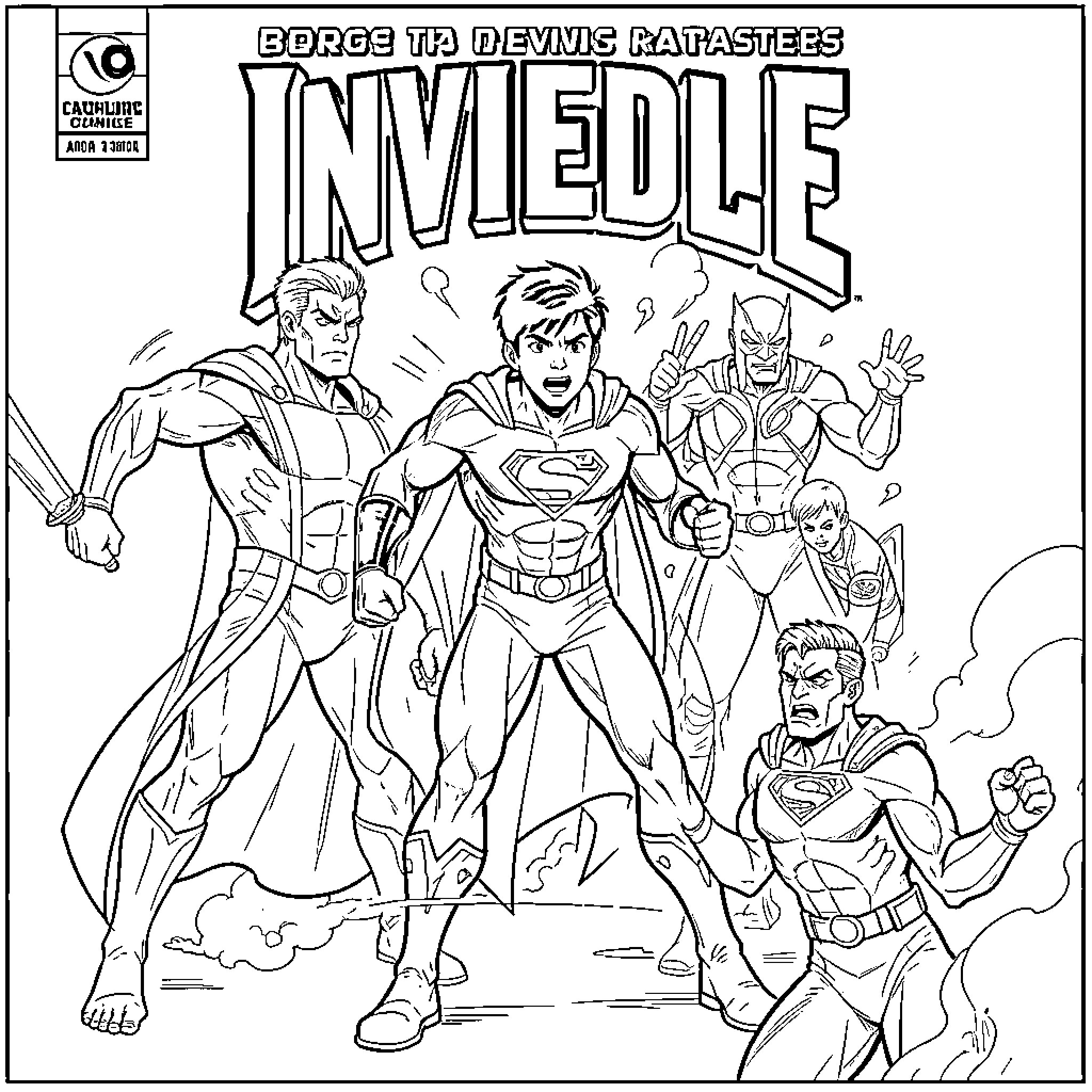 Invincible superheroes posing heroically in a dynamic battle stance Coloring Page (free black-and-white line drawing printable PDF for all, from beginners to advanced learners, including children, teens, adults, and seniors)