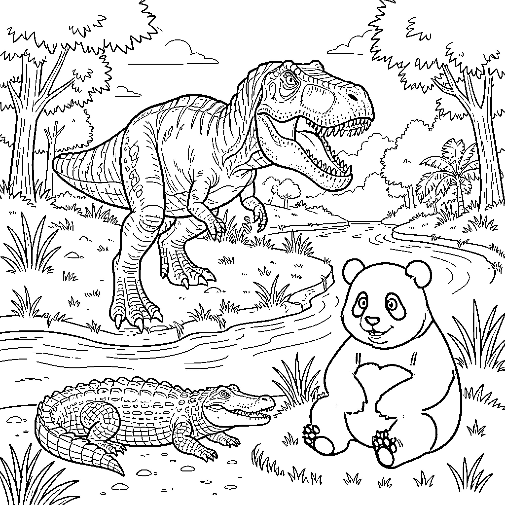 Tyrannosaurus walking through a prehistoric jungle scene Coloring Page (free black-and-white line drawing printable PDF for all, from beginners to advanced learners, including children, teens, adults, and seniors)