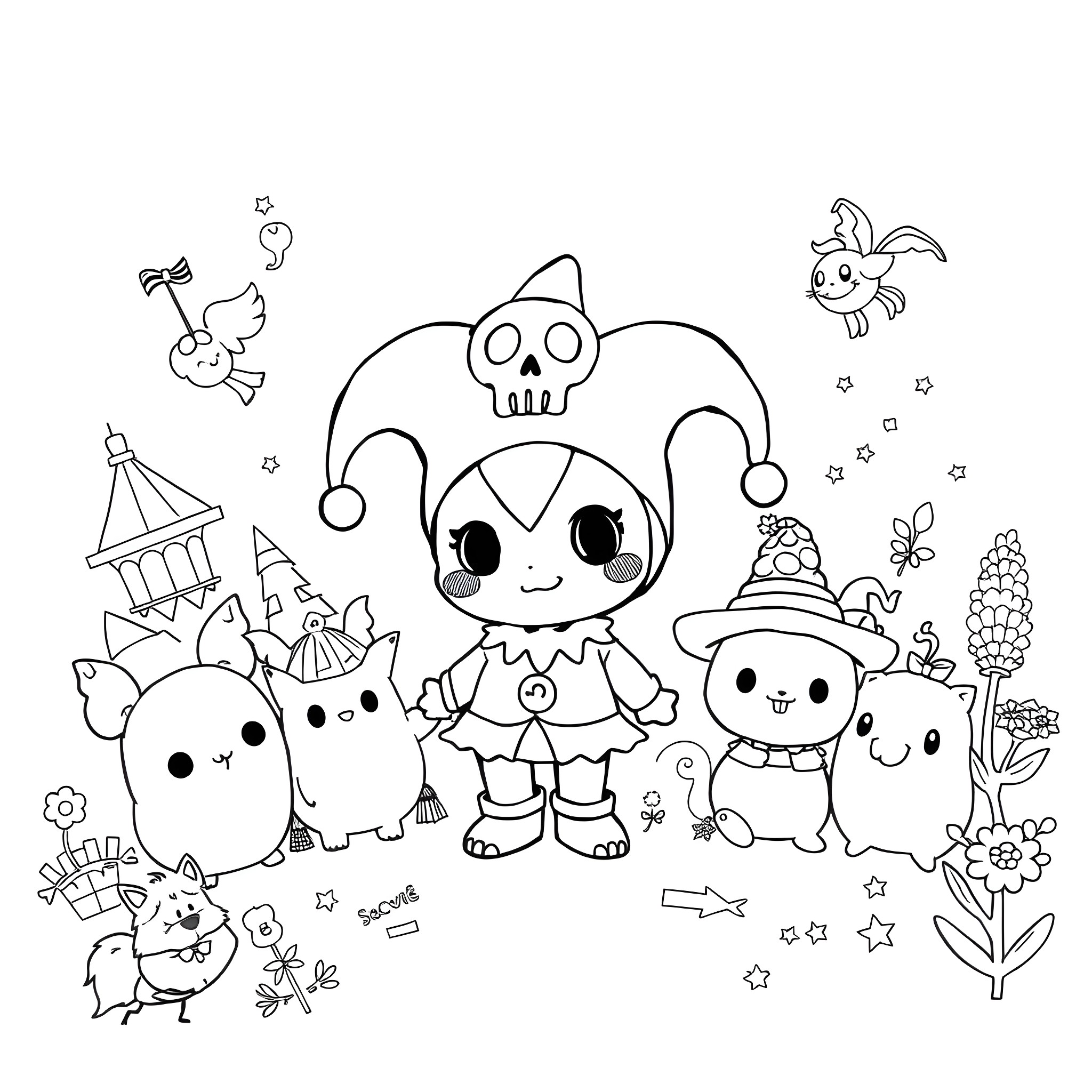 Kuromi and her Cute Companions in a Whimsical Scene Coloring Page (free black-and-white line drawing printable PDF for all, from beginners to advanced learners, including children, teens, adults, and seniors)