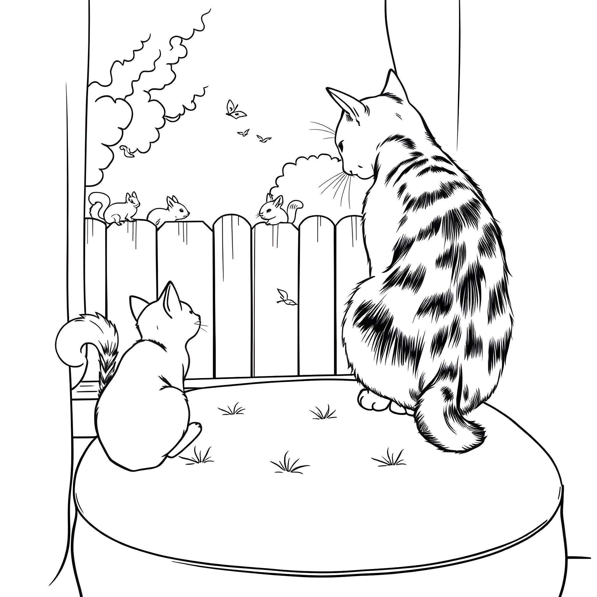 Cats watching butterflies through a fence Coloring Page (free black-and-white line drawing printable PDF for all, from beginners to advanced learners, including children, teens, adults, and seniors)
