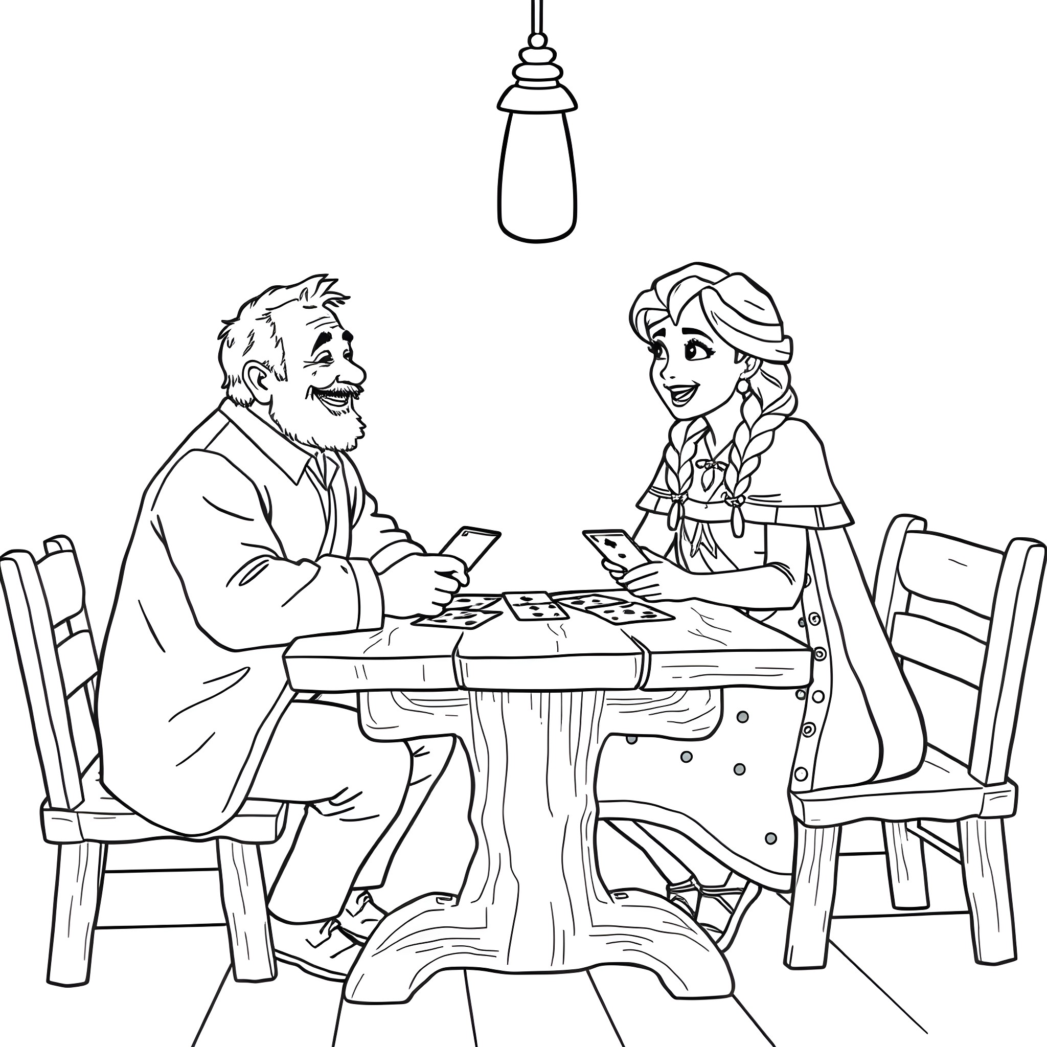 Onkel Reje enjoying a game with a young girl Coloring Page (free black-and-white line drawing printable PDF for all, from beginners to advanced learners, including children, teens, adults, and seniors)