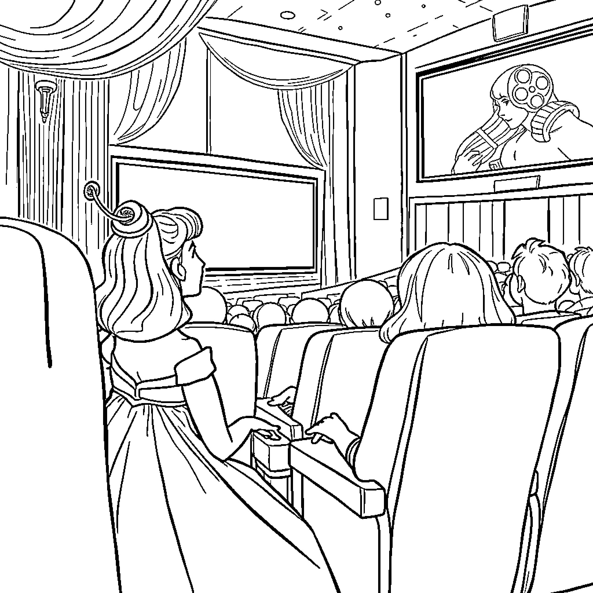 Princess Watching a Movie with Family Coloring Page (free black-and-white line drawing printable PDF for all, from beginners to advanced learners, including children, teens, adults, and seniors)