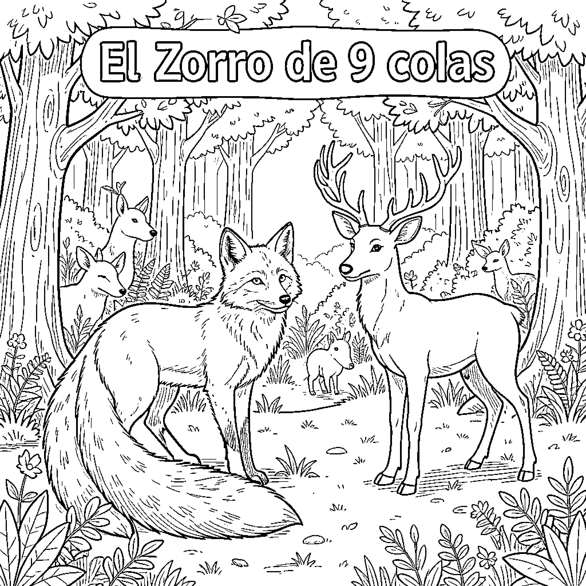 Zorro with multiple tails standing in a forest Coloring Page (free black-and-white line drawing printable PDF for all, from beginners to advanced learners, including children, teens, adults, and seniors)