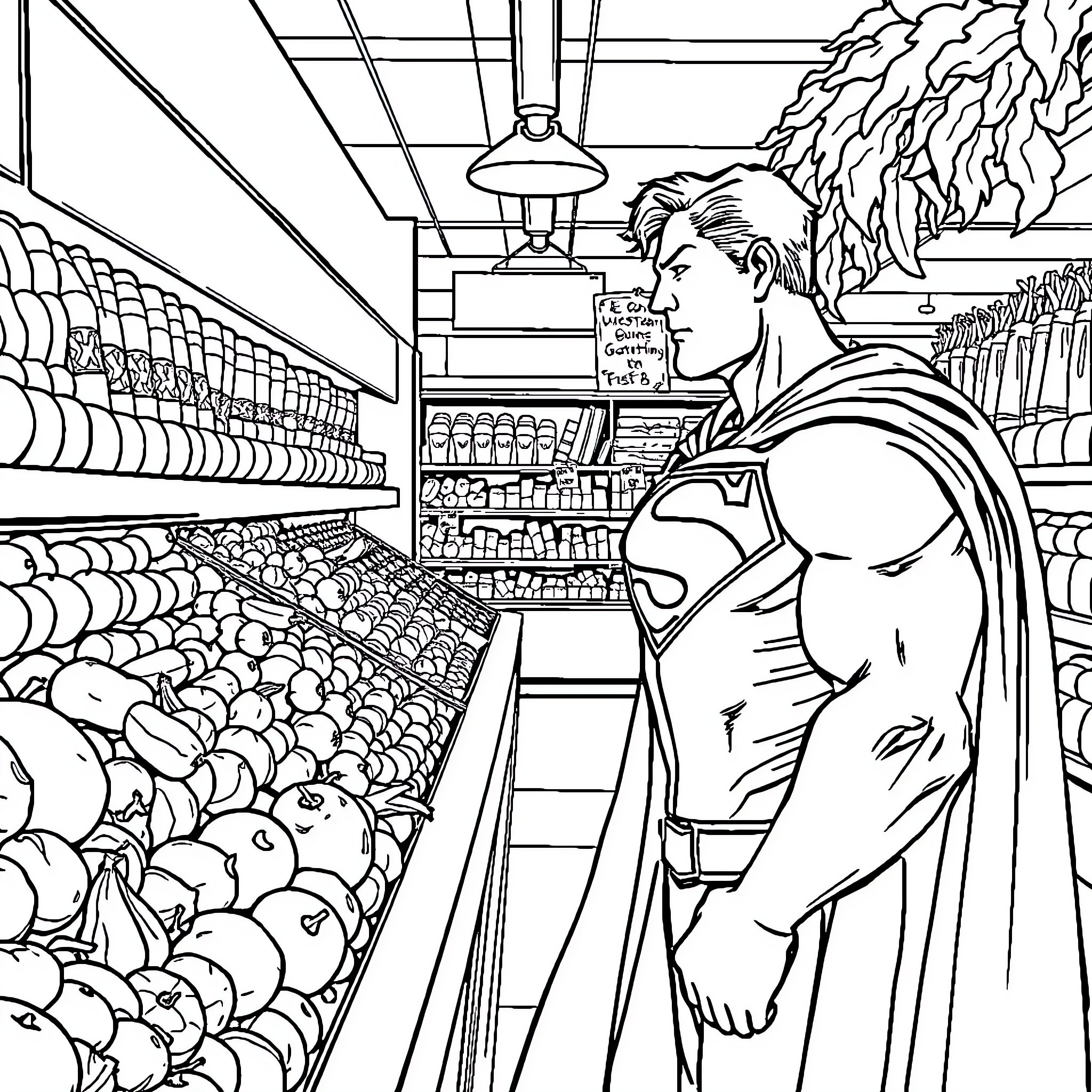 Superman shopping for groceries in the supermarket Coloring Page (free black-and-white line drawing printable PDF for all, from beginners to advanced learners, including children, teens, adults, and seniors)