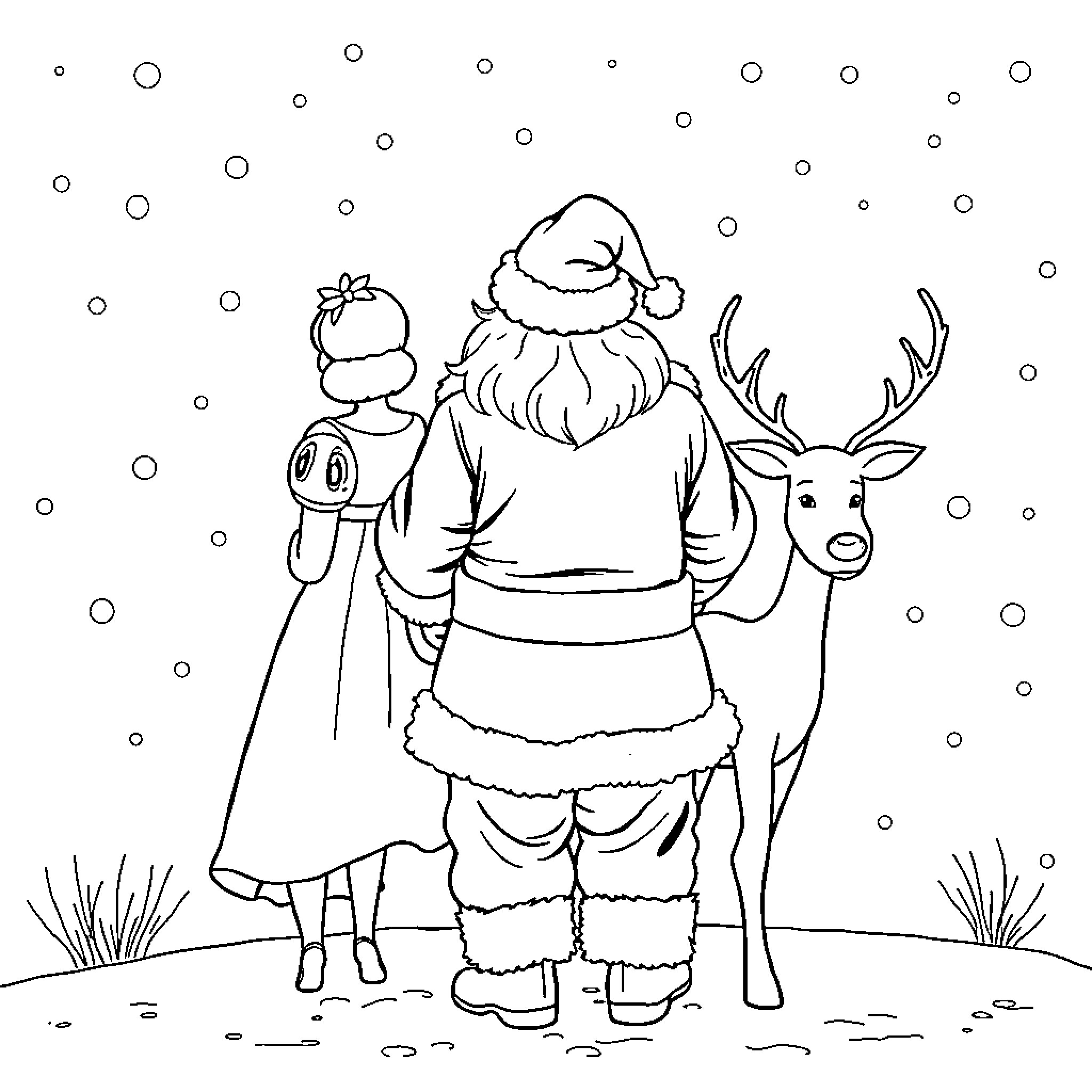 Santa and his reindeer friend in the snowy landscape Coloring Page (free black-and-white line drawing printable PDF for all, from beginners to advanced learners, including children, teens, adults, and seniors)