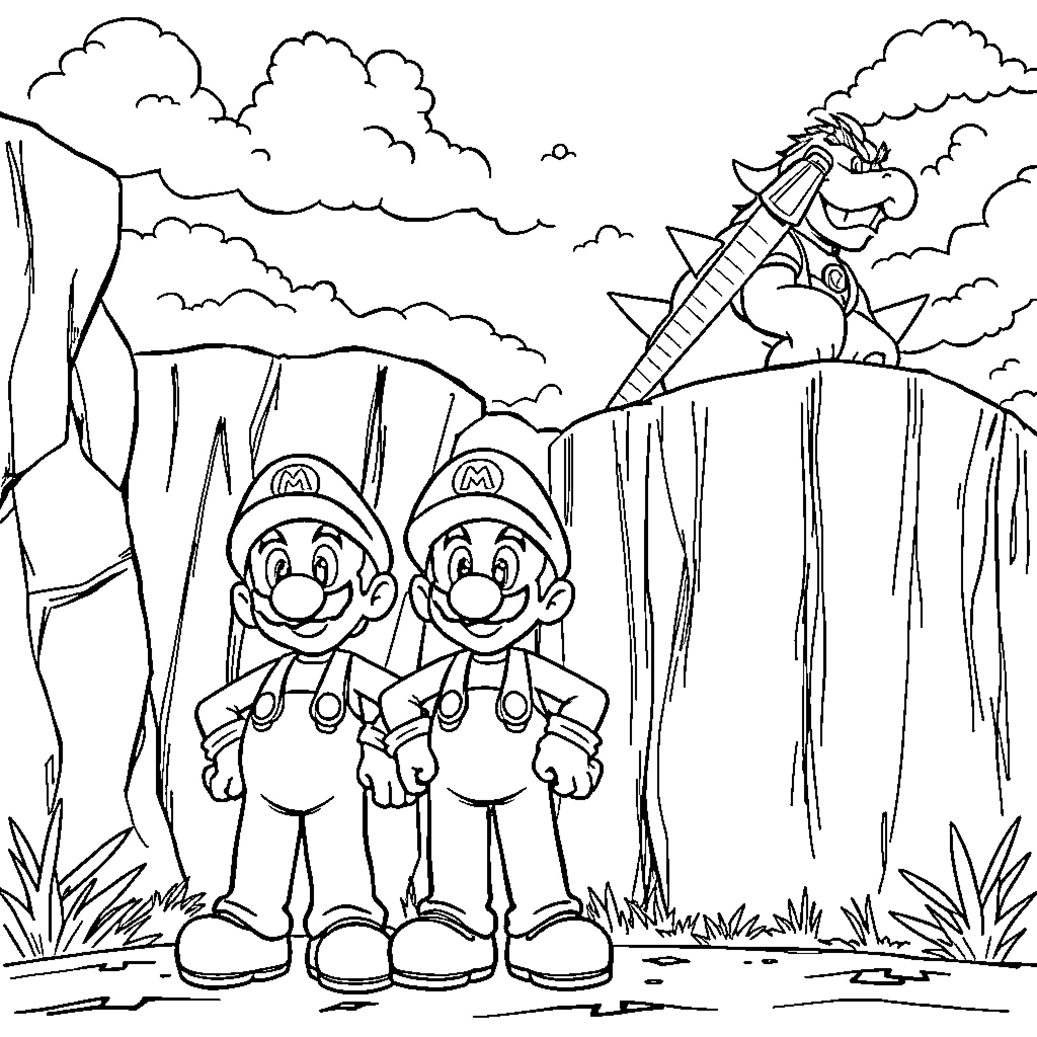 Mario brothers in an adventure scene Coloring Page (free black-and-white line drawing printable PDF for all, from beginners to advanced learners, including children, teens, adults, and seniors)