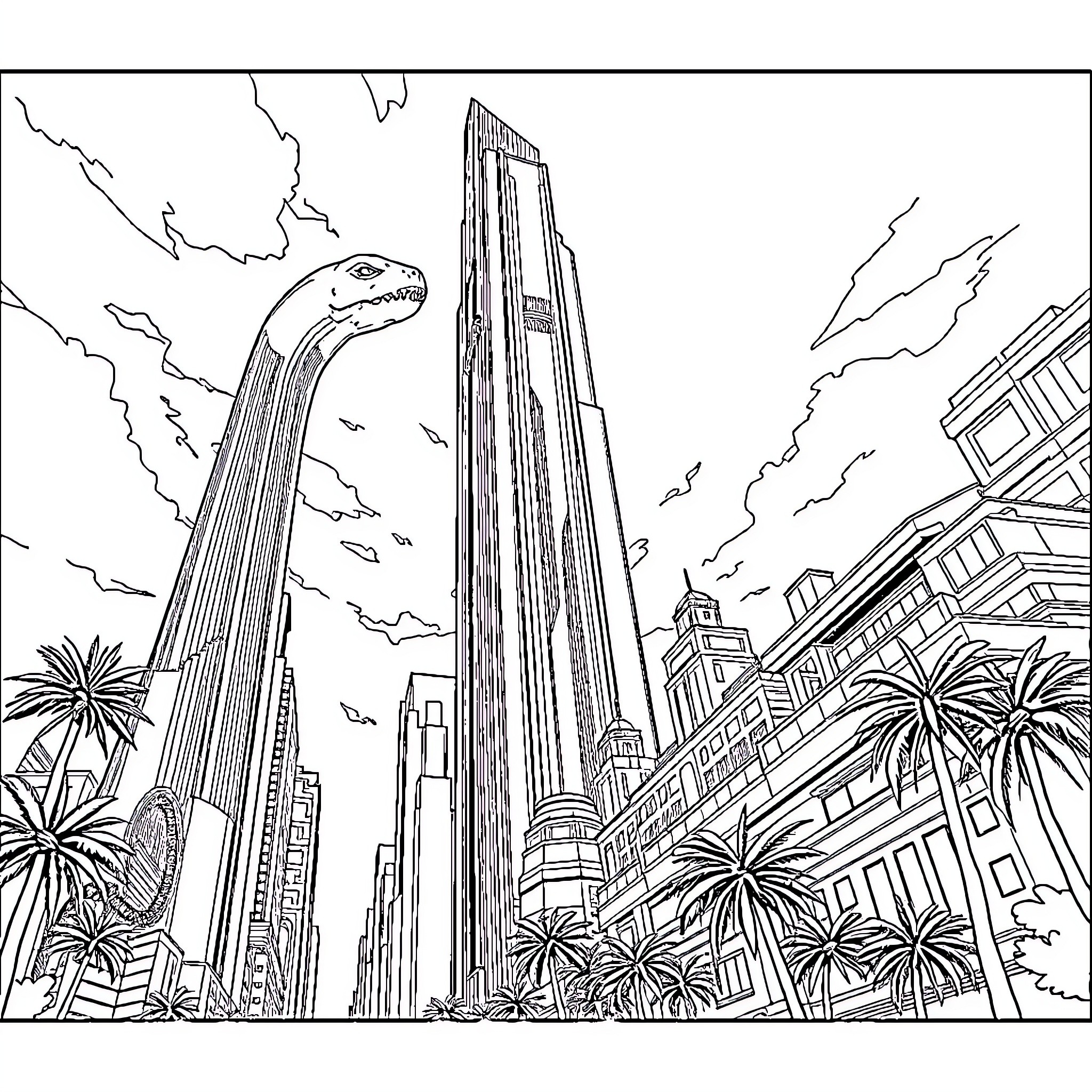 Dinosaur stomping through a futuristic city skyline Coloring Page (free black-and-white line drawing printable PDF for all, from beginners to advanced learners, including children, teens, adults, and seniors)