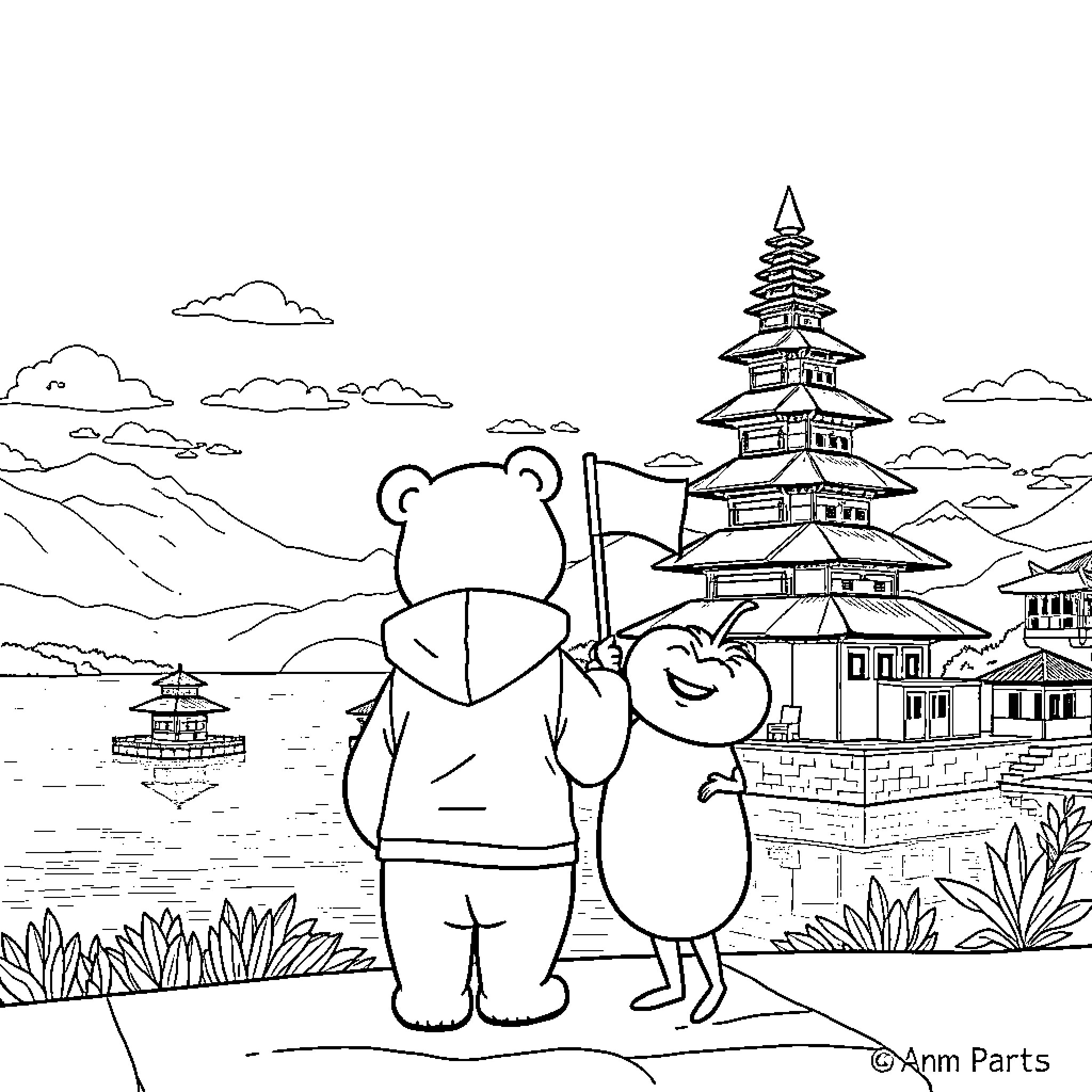 Bear companions exploring ancient pagoda landscape Coloring Page (free black-and-white line drawing printable PDF for all, from beginners to advanced learners, including children, teens, adults, and seniors)