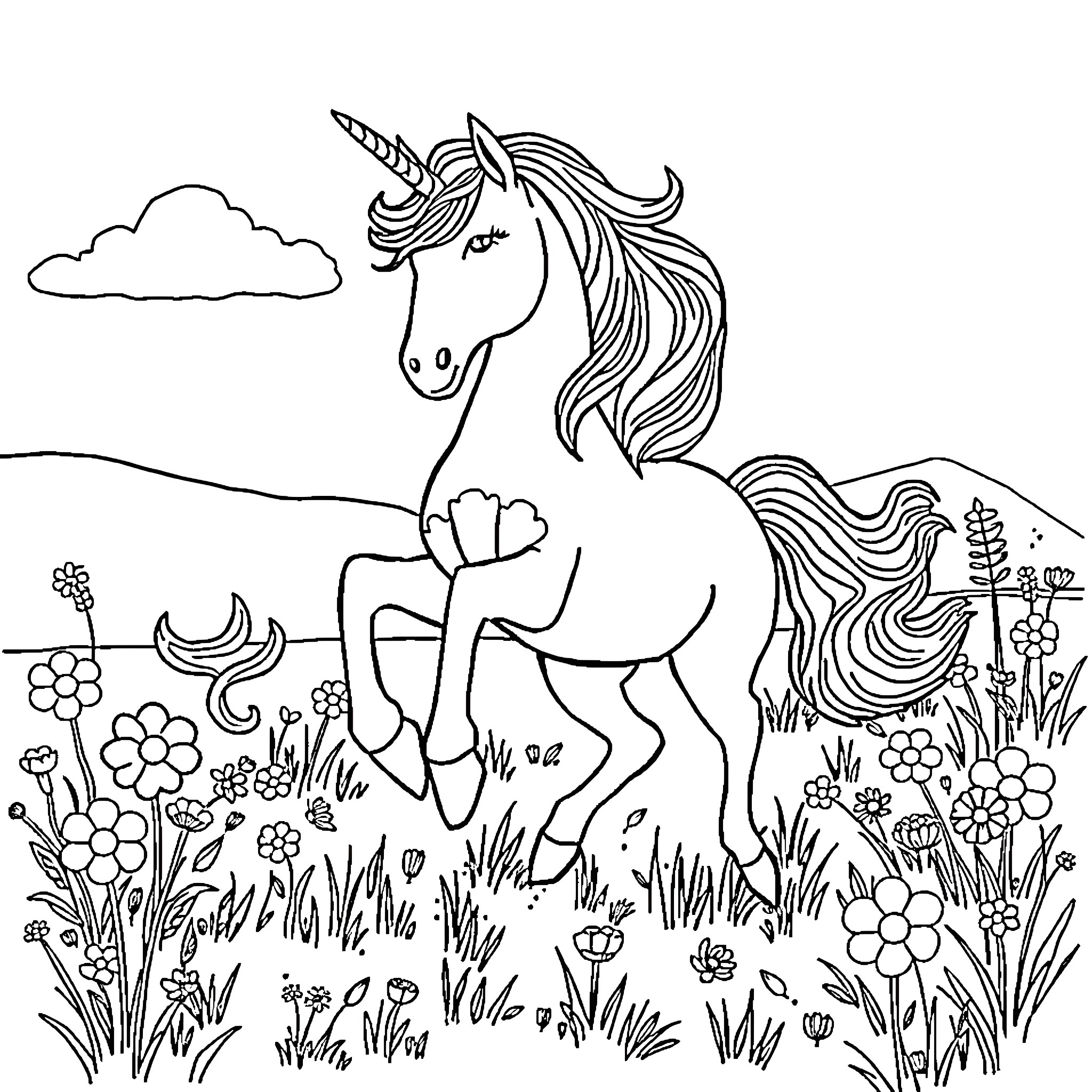 Unicorn frolicking in a magical meadow Coloring Page (free black-and-white line drawing printable PDF for all, from beginners to advanced learners, including children, teens, adults, and seniors)