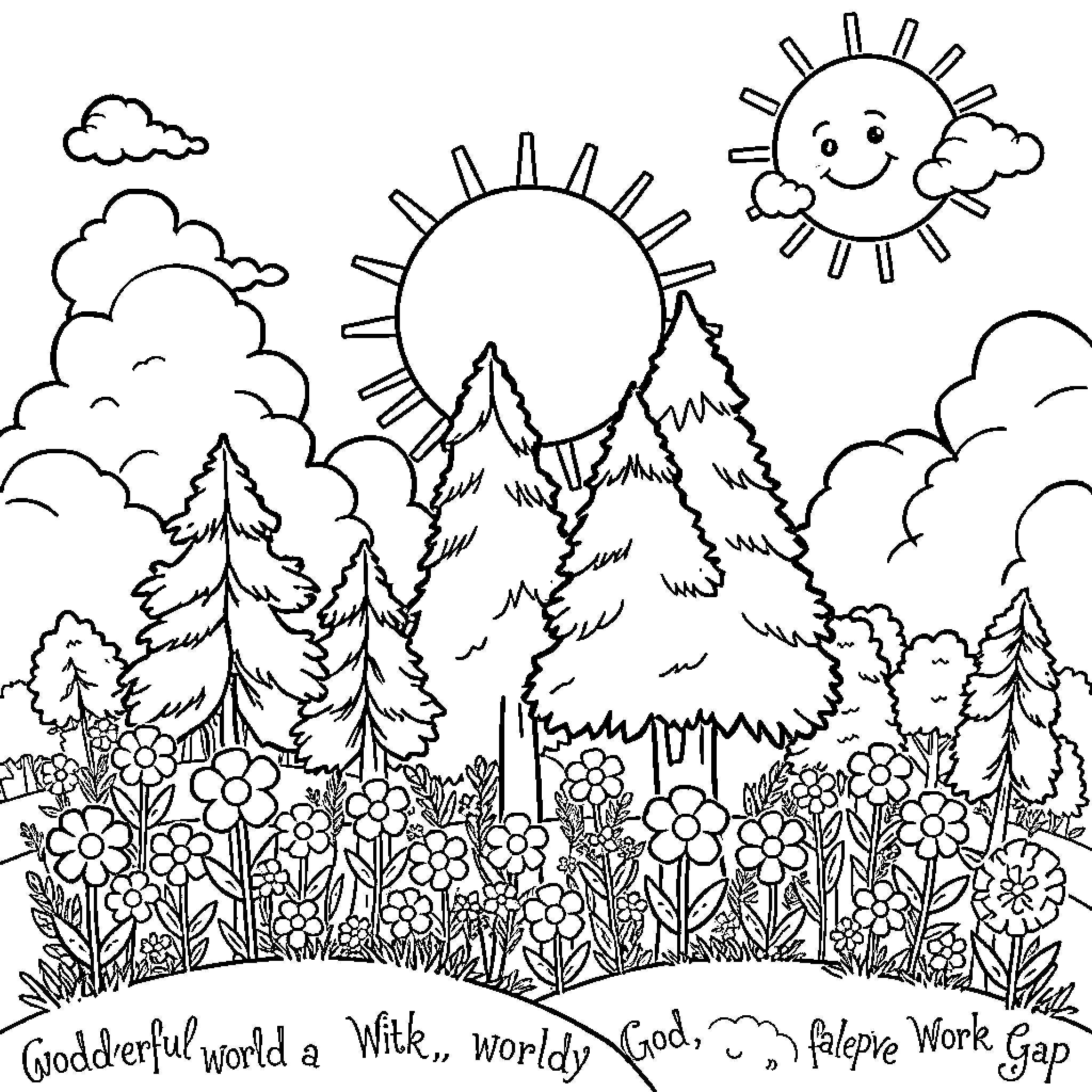 Sun shines brightly over the scenic mountain landscape Coloring Page (free black-and-white line drawing printable PDF for all, from beginners to advanced learners, including children, teens, adults, and seniors)