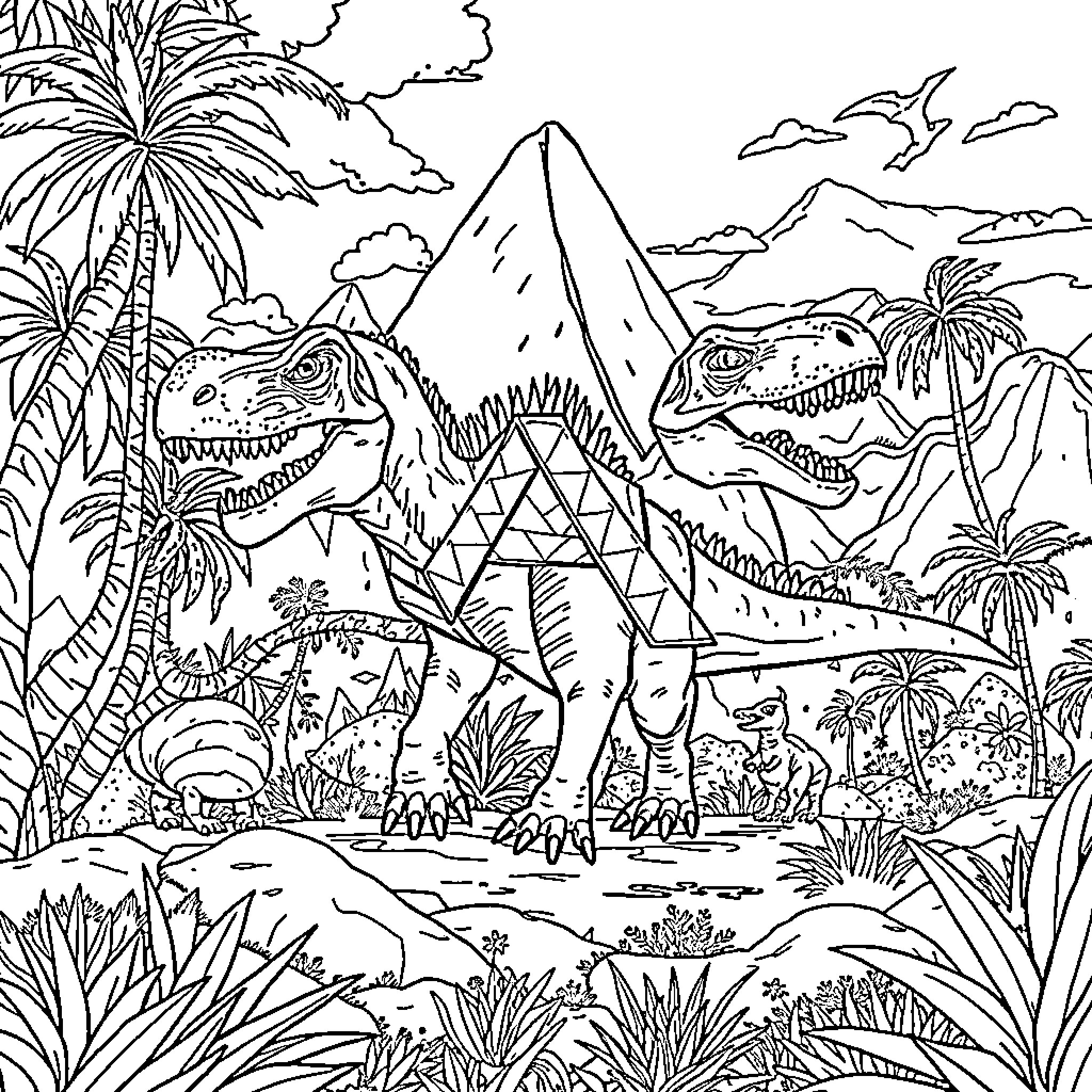 Ark of Dinosaurs in the Prehistoric Landscape Coloring Page (free black-and-white line drawing printable PDF for all, from beginners to advanced learners, including children, teens, adults, and seniors)