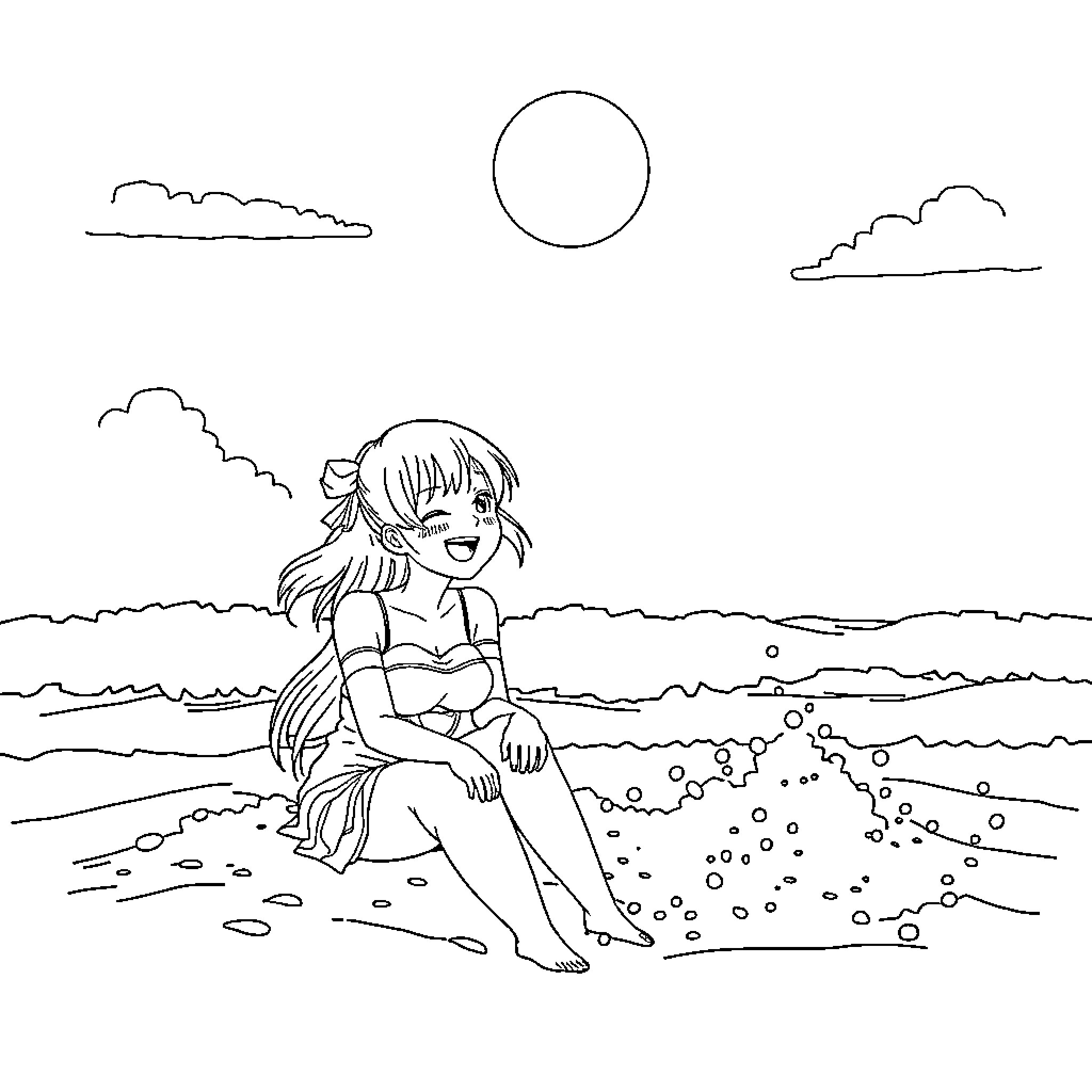 Mitsuri enjoying the beach scenery Coloring Page (free black-and-white line drawing printable PDF for all, from beginners to advanced learners, including children, teens, adults, and seniors)