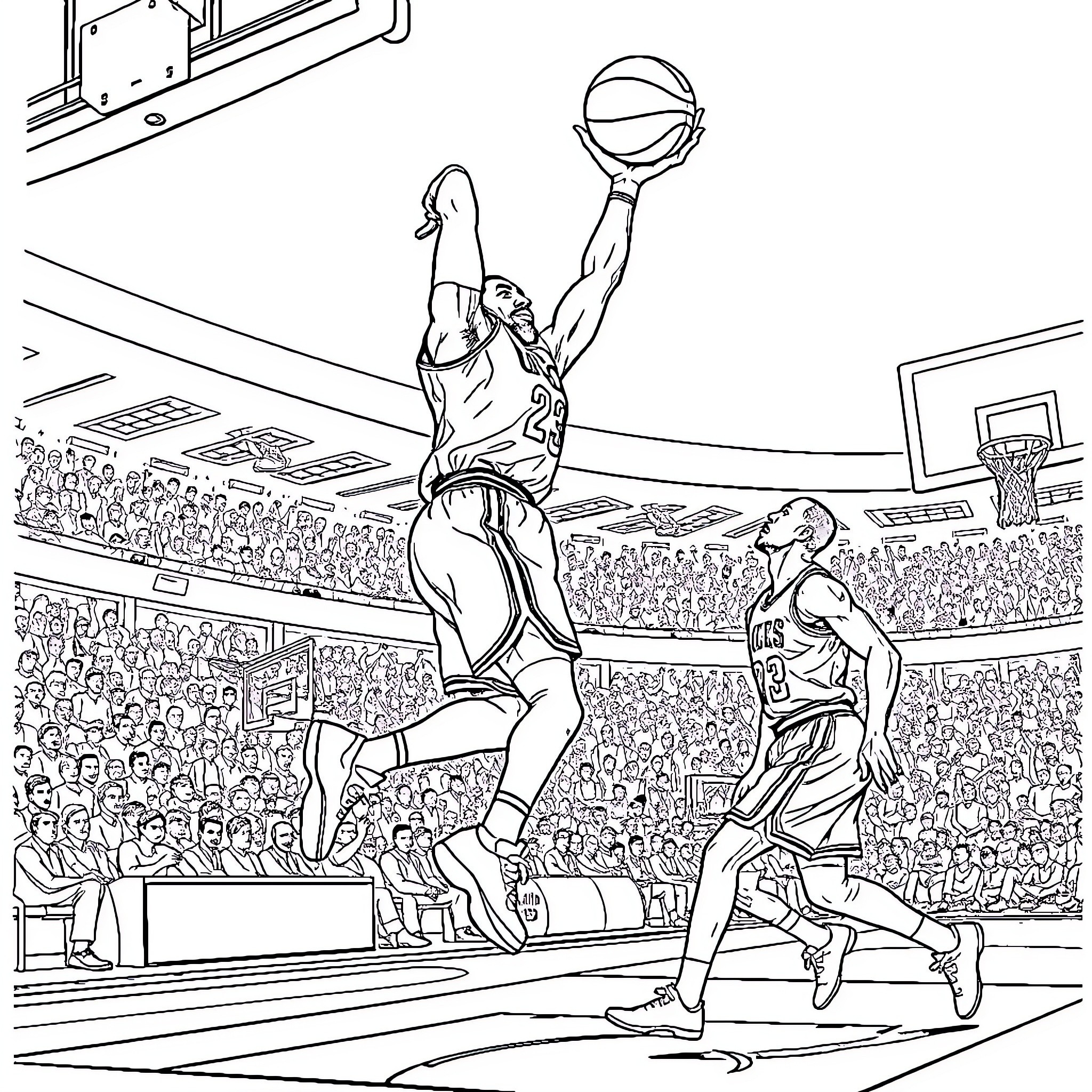 LeBron Dunking with Intensity in Basketball Game Coloring Page (free black-and-white line drawing printable PDF for all, from beginners to advanced learners, including children, teens, adults, and seniors)