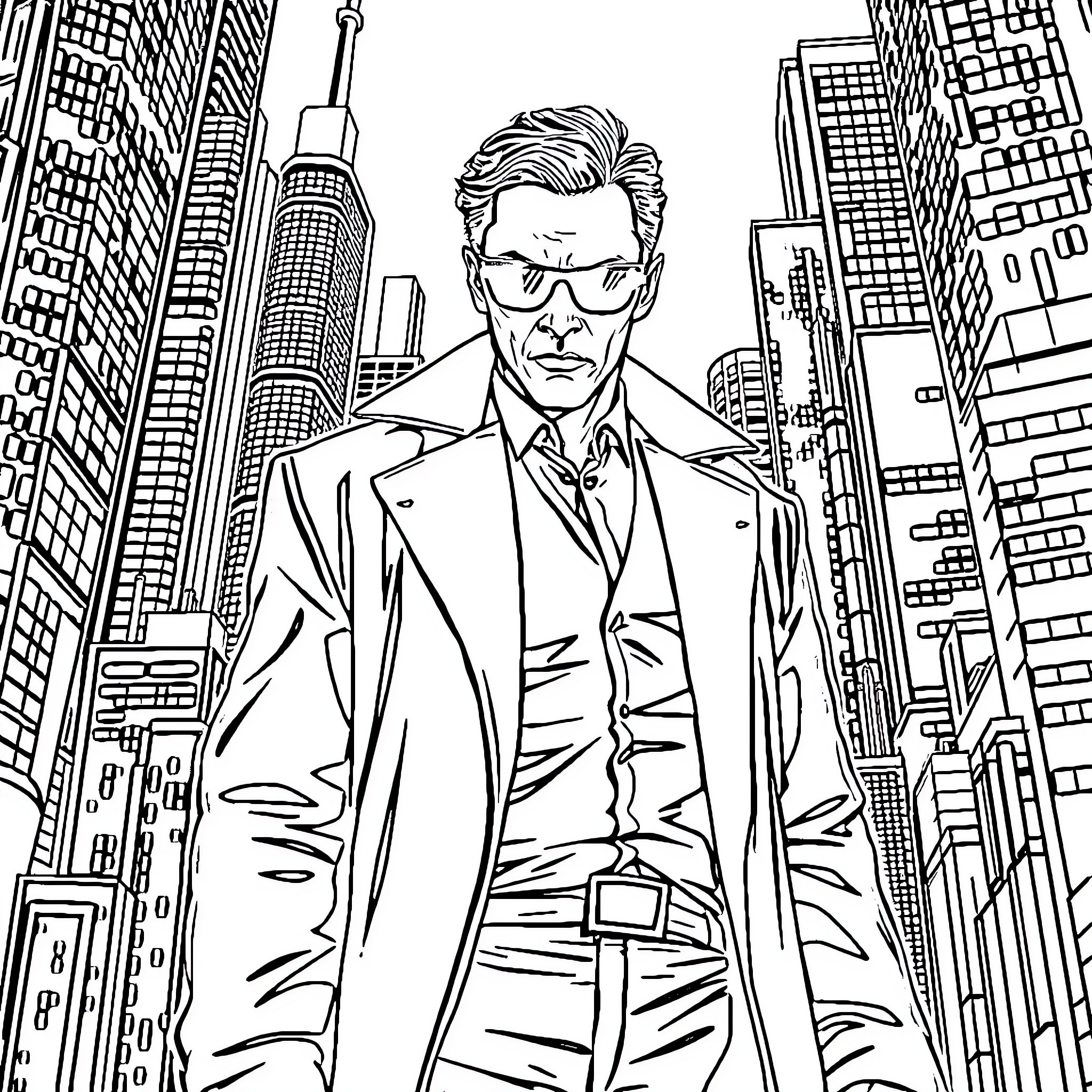 Jack Black in the City Skyline Coloring Page (free black-and-white line drawing printable PDF for all, from beginners to advanced learners, including children, teens, adults, and seniors)