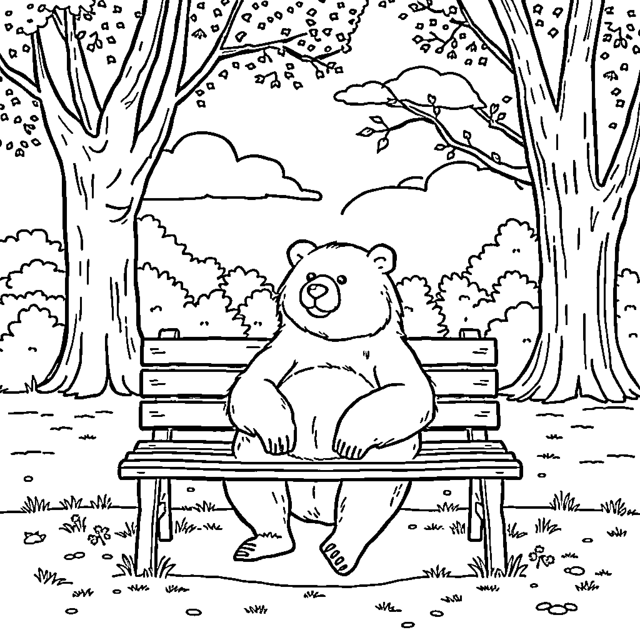 Bear relaxing on bench in snowy forest Coloring Page (free black-and-white line drawing printable PDF for all, from beginners to advanced learners, including children, teens, adults, and seniors)